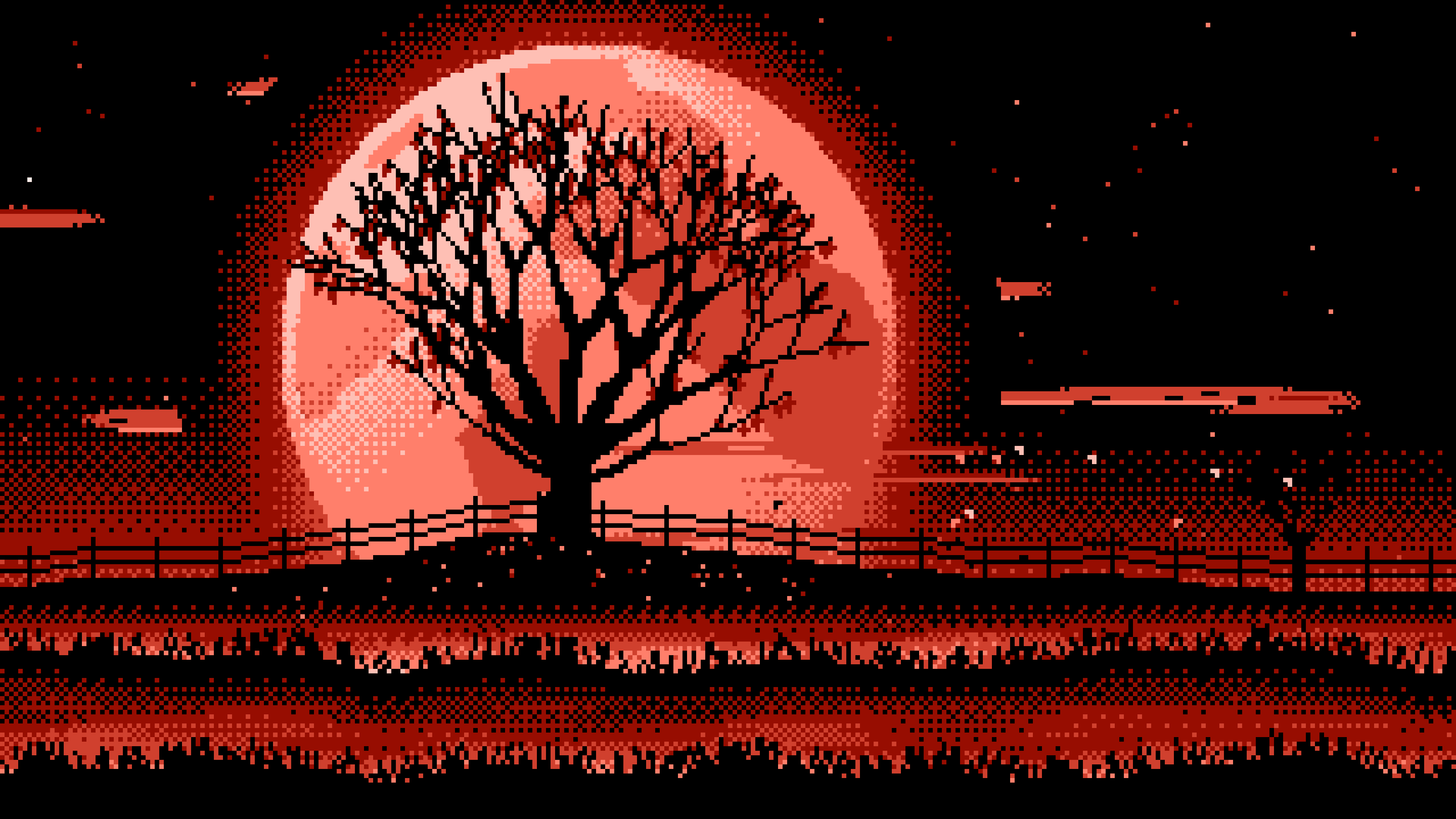 Coral Pixel Art Maple Tree and Harvest Moon desktop wallpaper in 4K