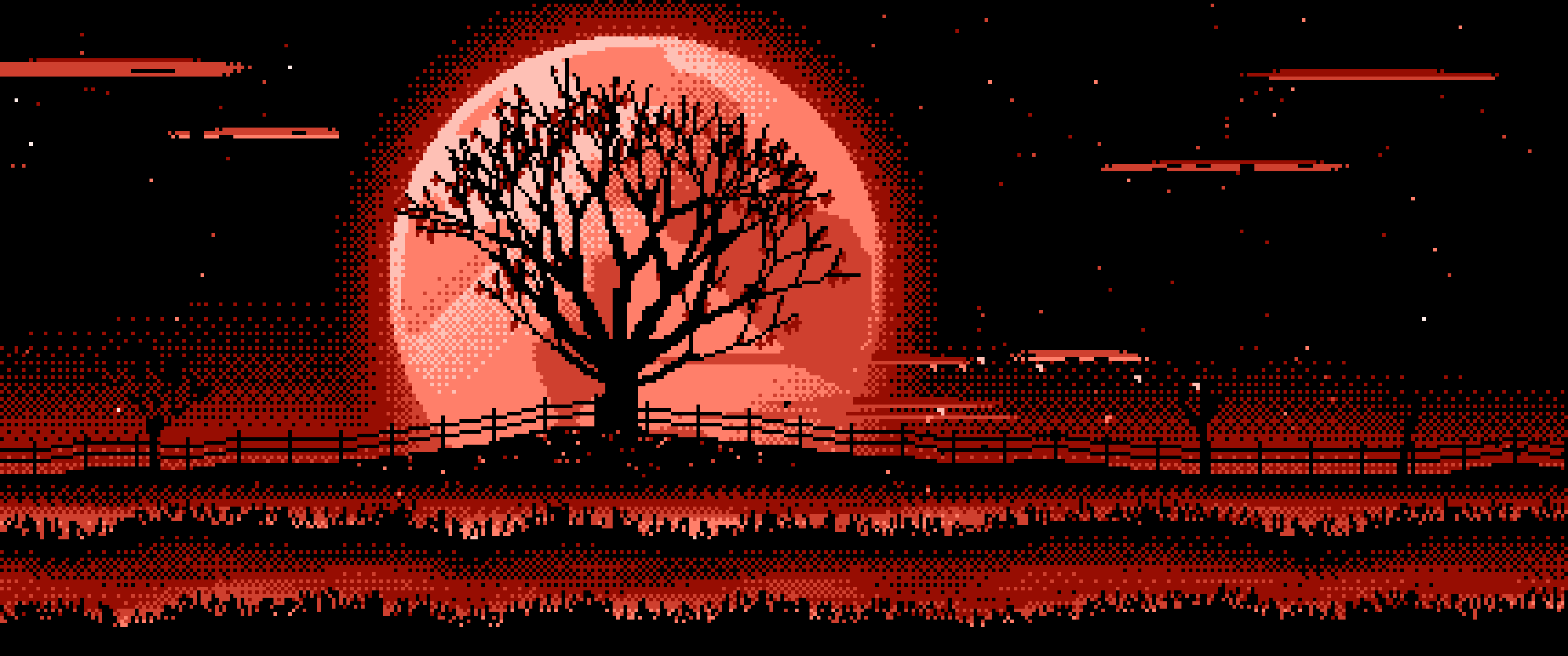 Coral Pixel Art Maple Tree and Harvest Moon ultrawide wallpaper, 3440 × 1440
