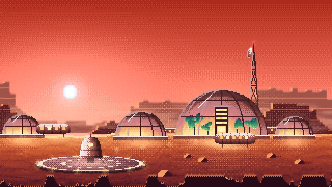 Coral Pixel Art Mars Colony at Sunset desktop wallpaper in 4K