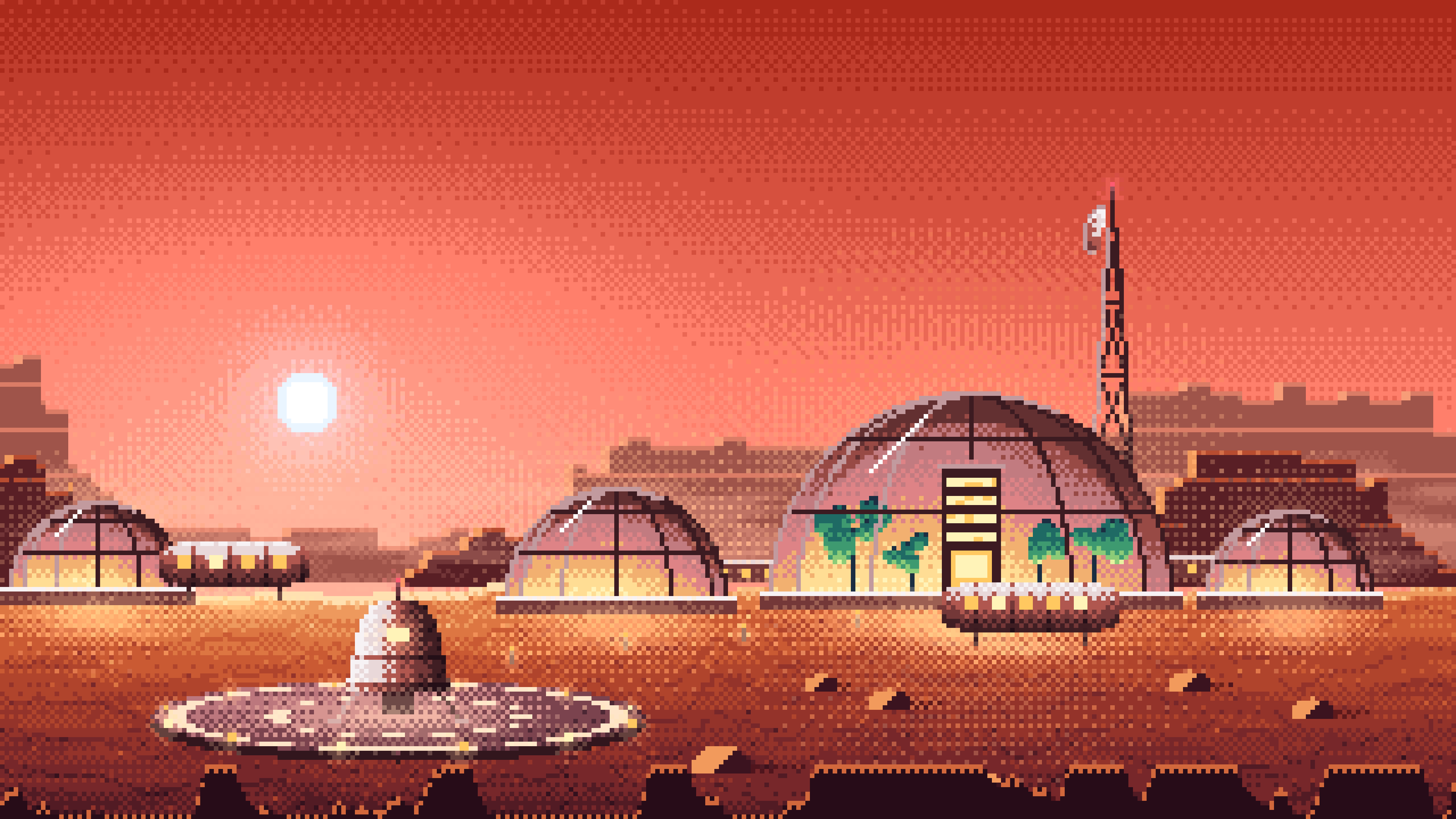 Coral Pixel Art Mars Colony at Sunset desktop wallpaper in 4K