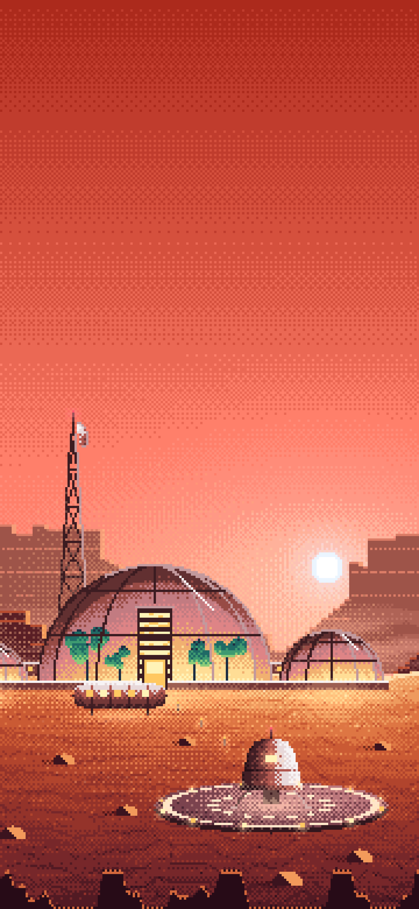 Coral Pixel Art Mars Colony at Sunset wallpaper for iPhone and Android