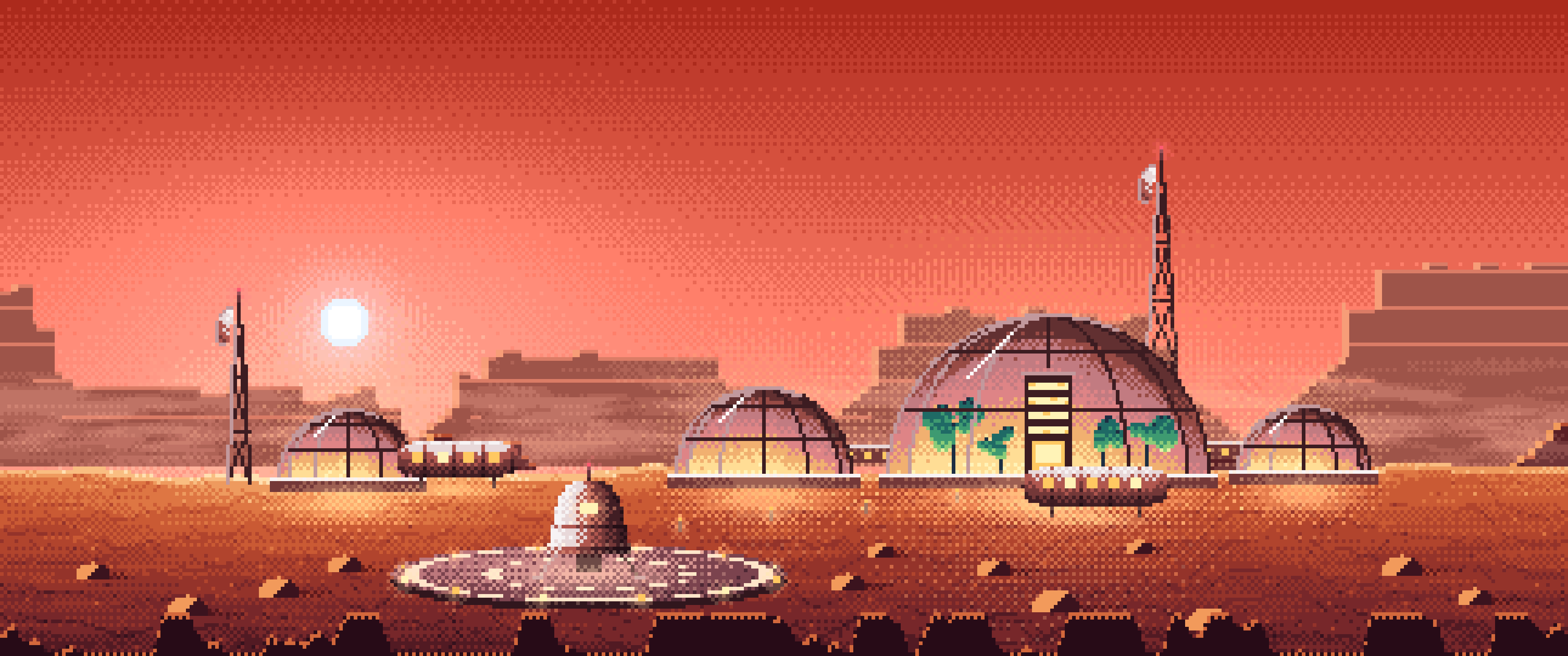 Coral Pixel Art Mars Colony at Sunset ultrawide wallpaper, 3440 × 1440