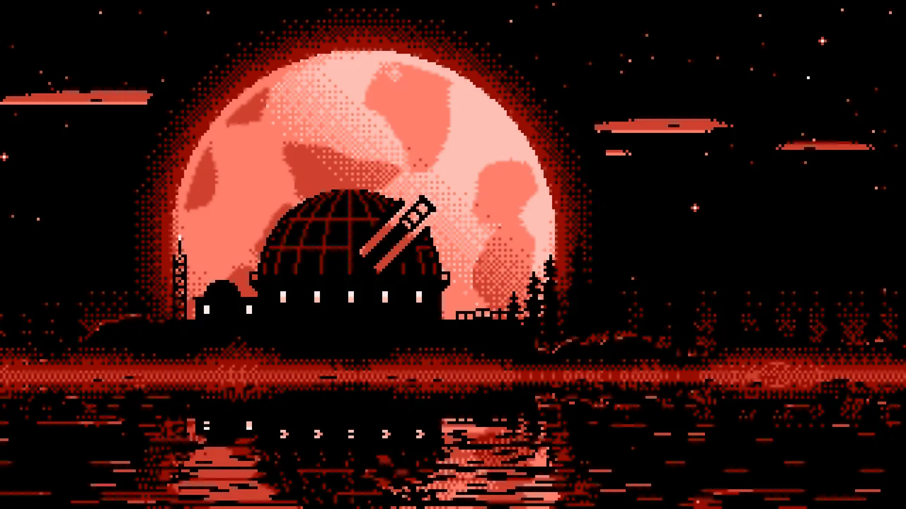 Coral Pixel Art Observatory and Full Moon desktop wallpaper in 4K