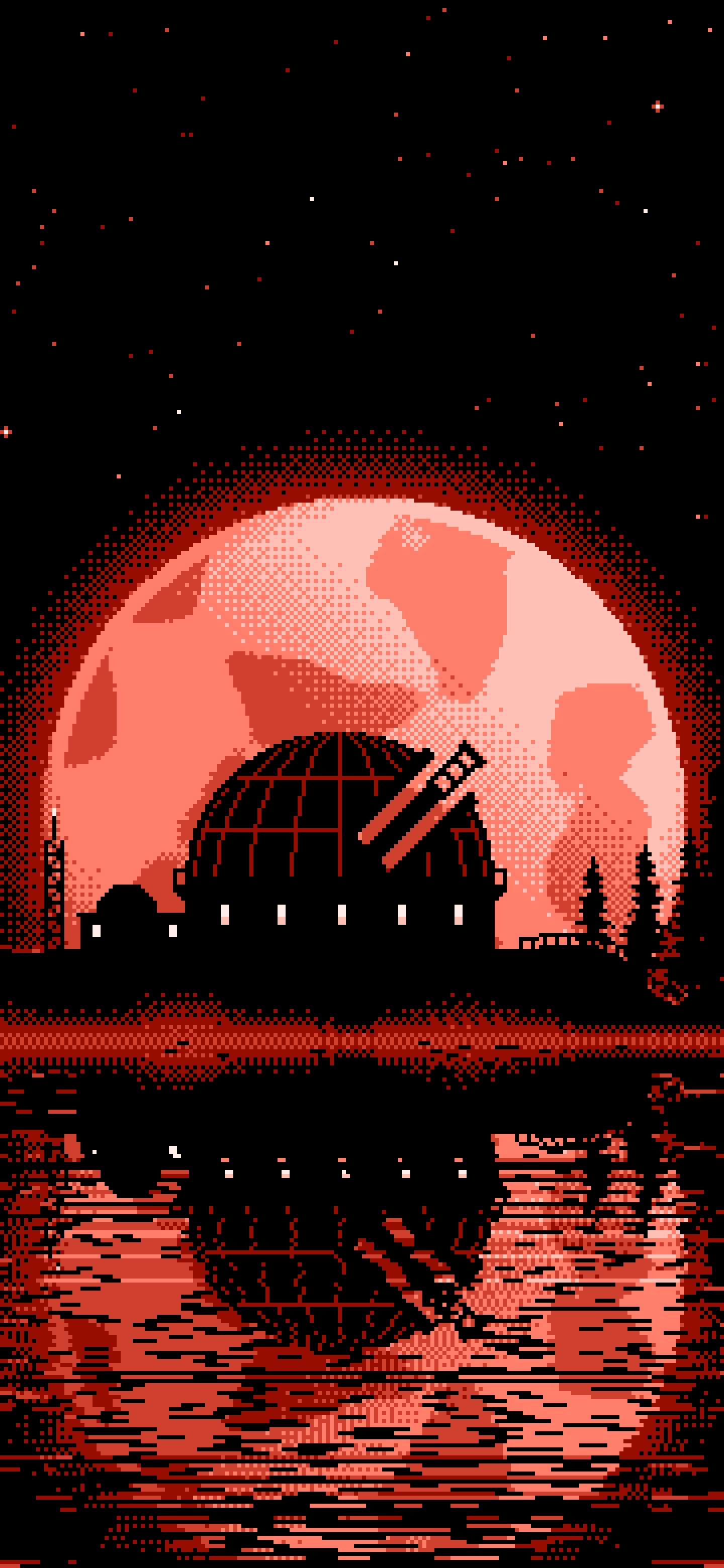 Coral Pixel Art Observatory and Full Moon wallpaper for iPhone and Android
