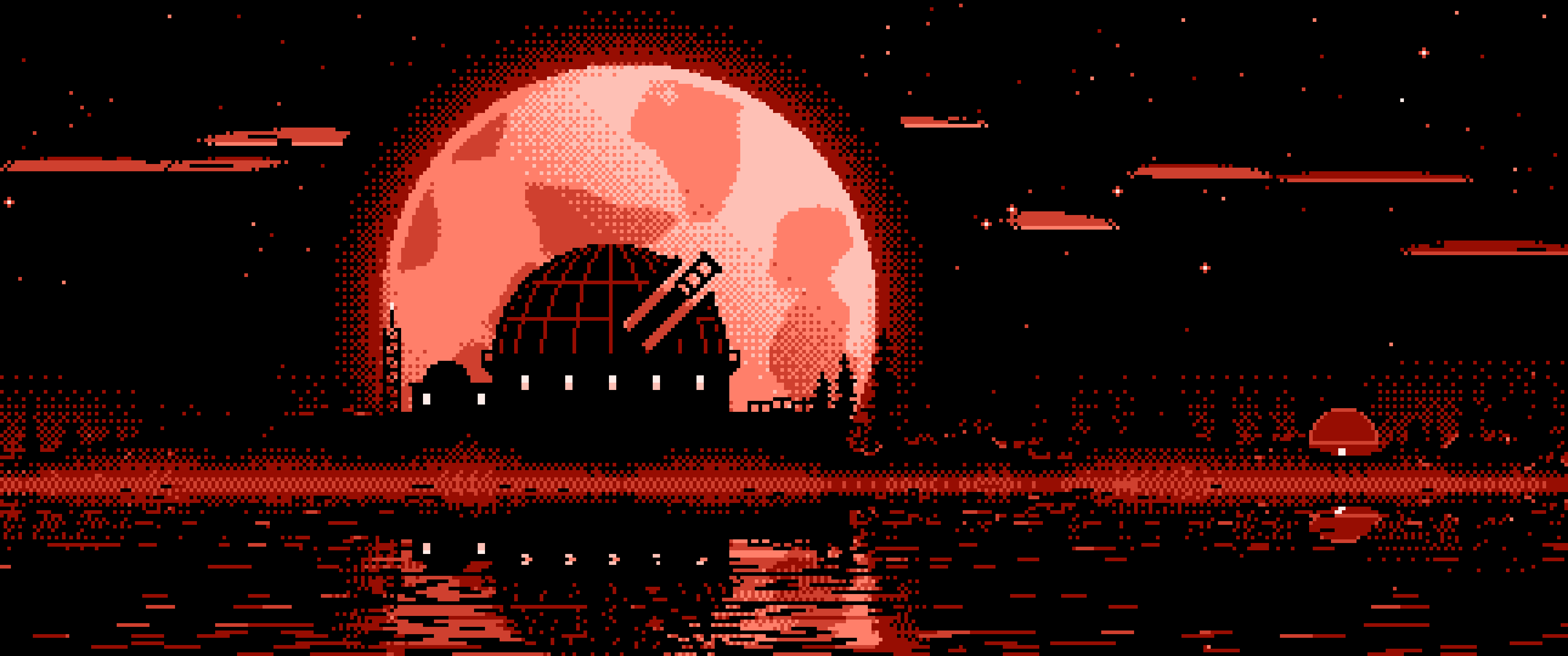 Coral Pixel Art Observatory and Full Moon ultrawide wallpaper, 3440 × 1440