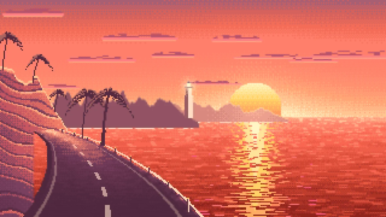 Coral Pixel Art Ocean Road at Sunset desktop wallpaper in 4K