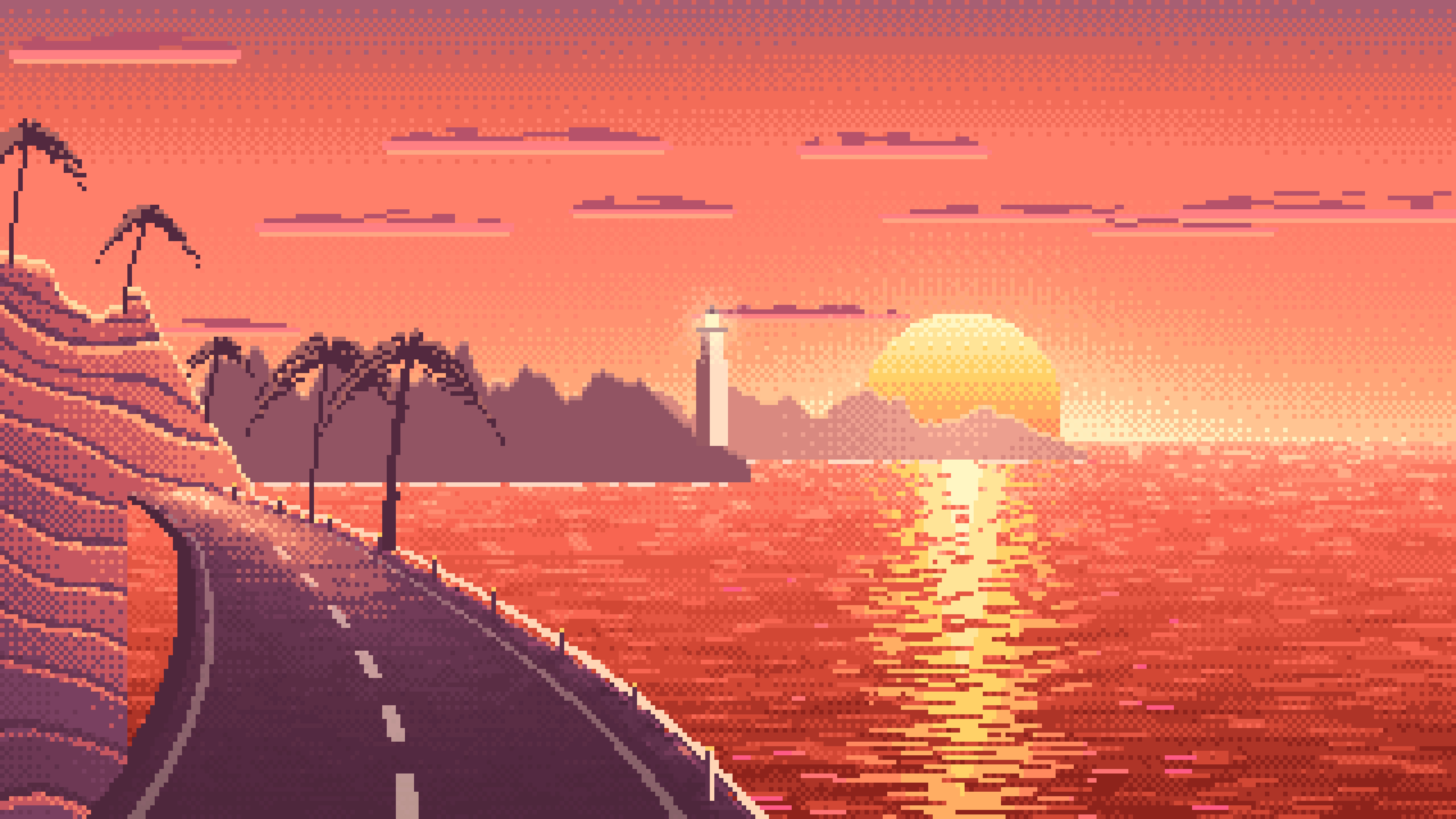 Coral Pixel Art Ocean Road at Sunset desktop wallpaper in 4K