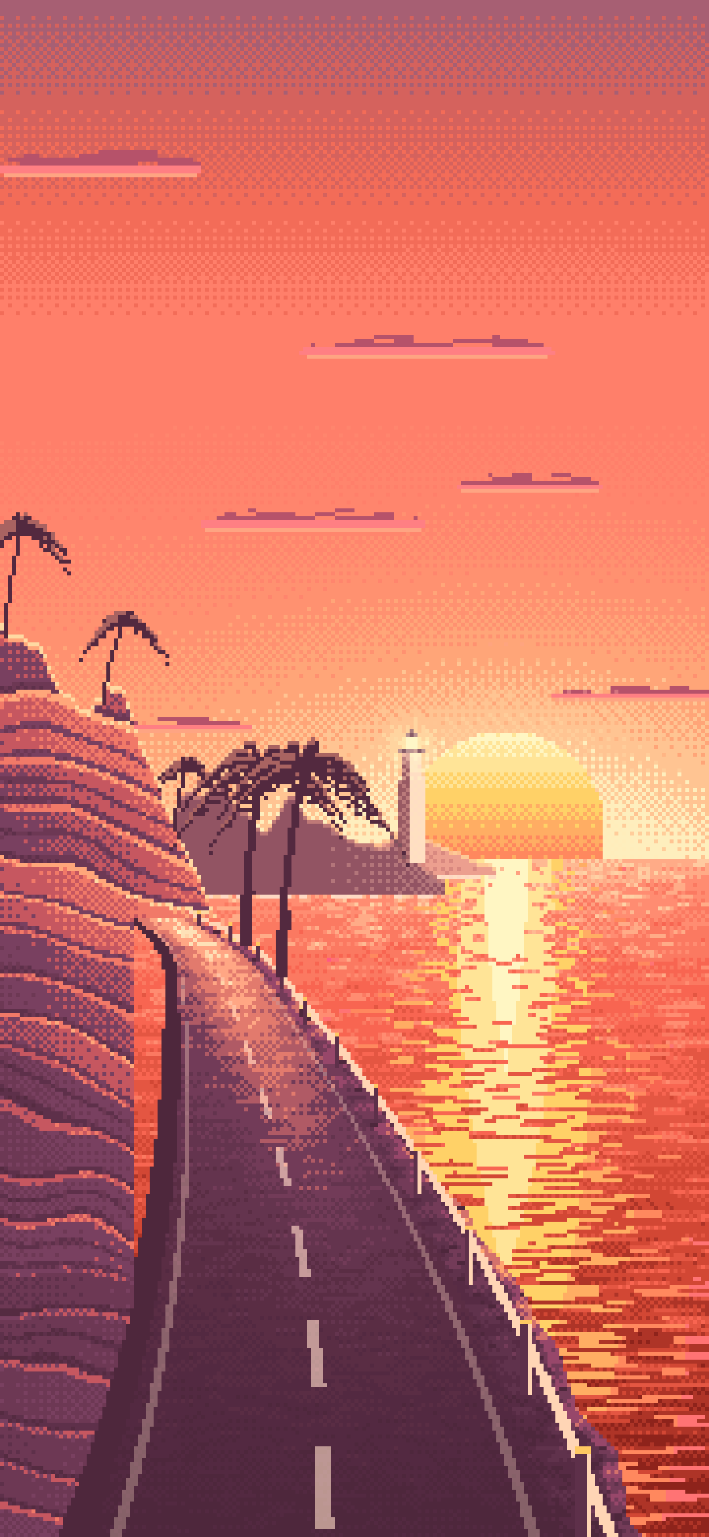 Coral Pixel Art Ocean Road at Sunset wallpaper for iPhone and Android