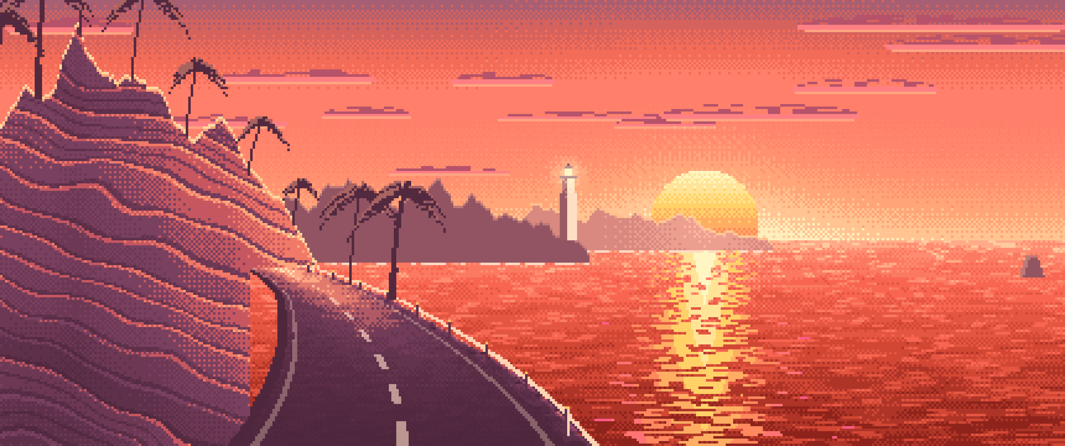 Coral Pixel Art Ocean Road at Sunset ultrawide wallpaper, 3440 × 1440