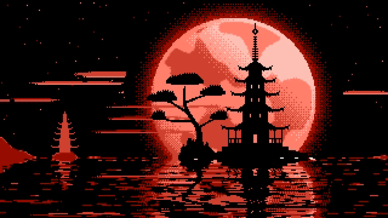Coral Pixel Art Pagoda and Full Moon desktop wallpaper in 4K
