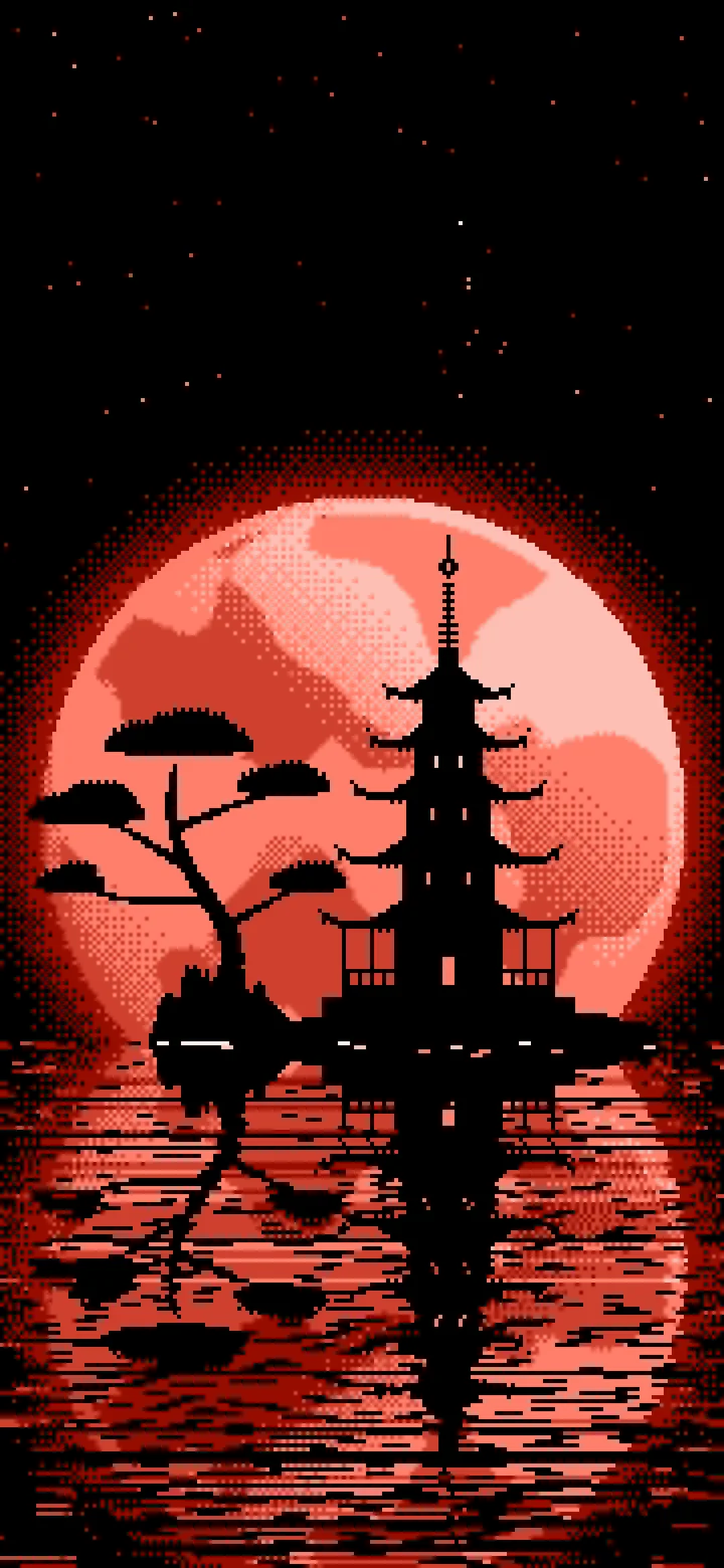 Coral Pixel Art Pagoda and Full Moon wallpaper for iPhone and Android