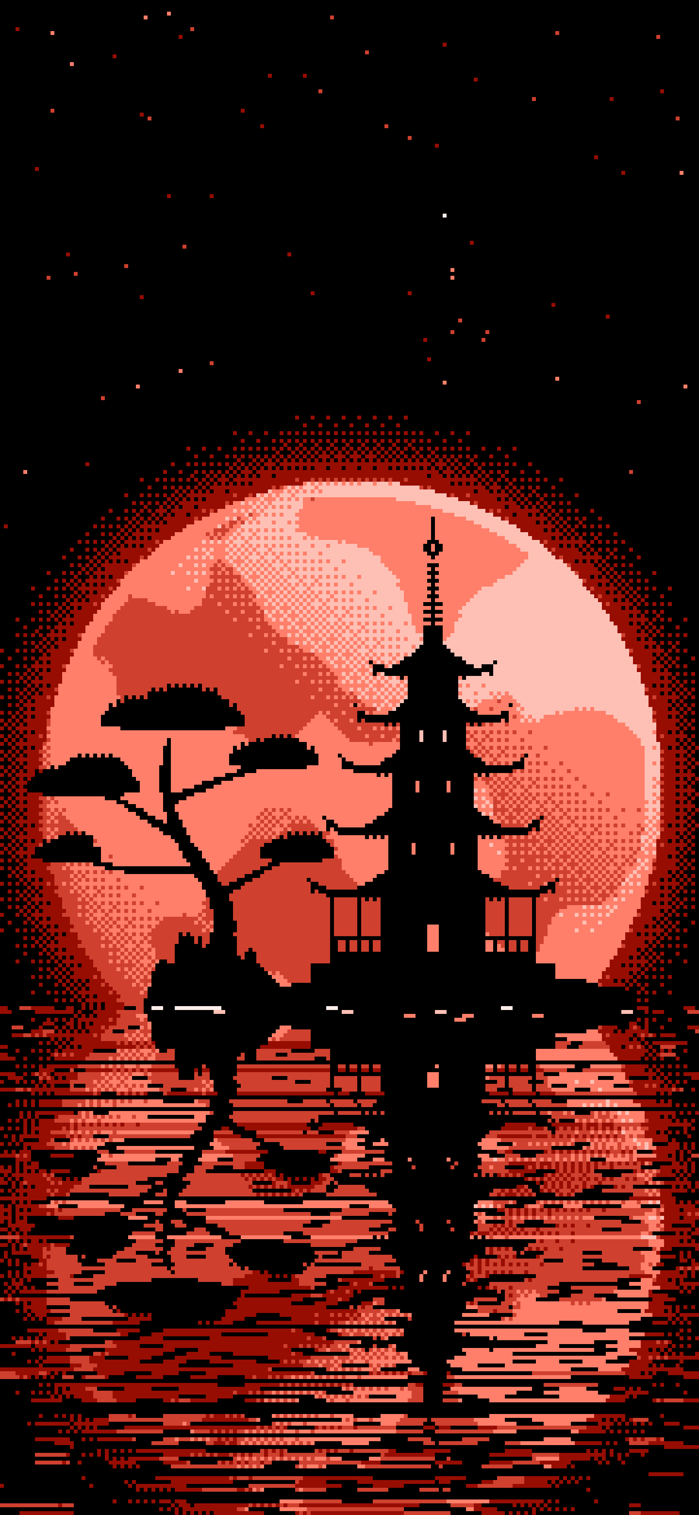 Coral Pixel Art Pagoda and Full Moon wallpaper for iPhone and Android