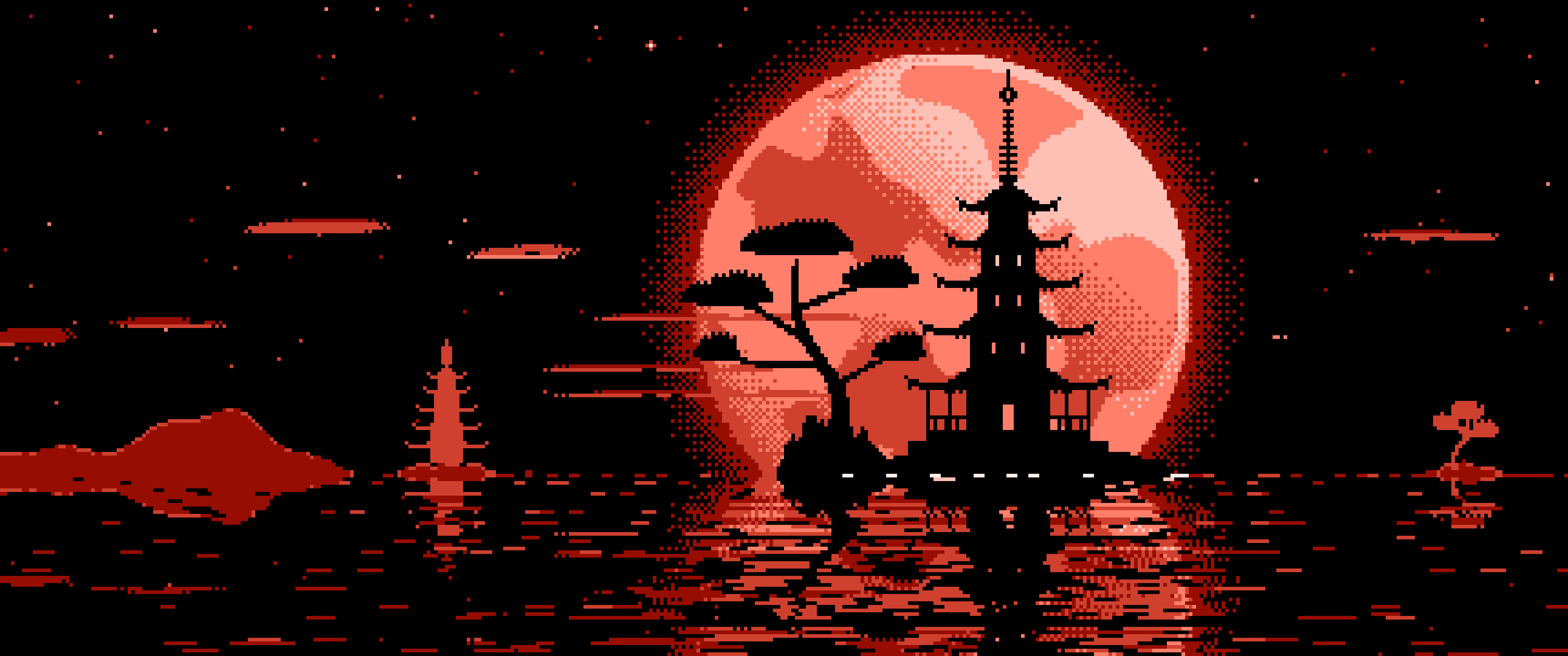Coral Pixel Art Pagoda and Full Moon ultrawide wallpaper, 3440 × 1440