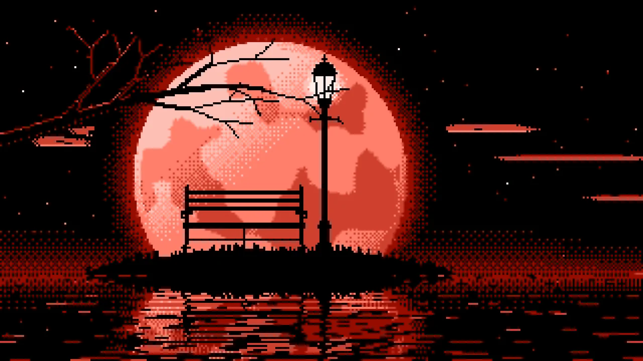 Coral Pixel Art Park Bench and Full Moon desktop wallpaper in 4K