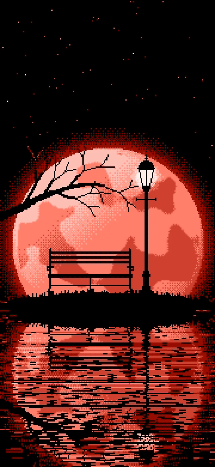 Coral Pixel Art Park Bench and Full Moon wallpaper for iPhone and Android