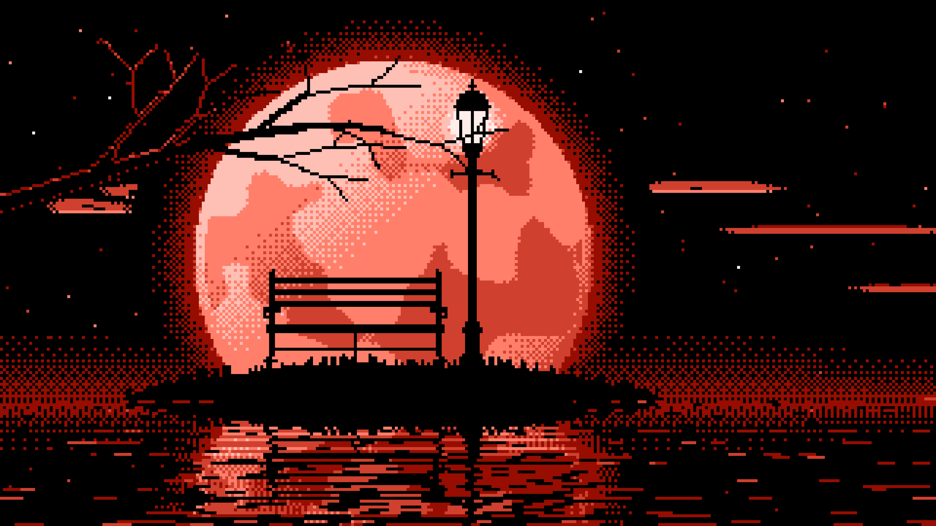 Coral Pixel Art Park Bench and Full Moon desktop wallpaper in 4K