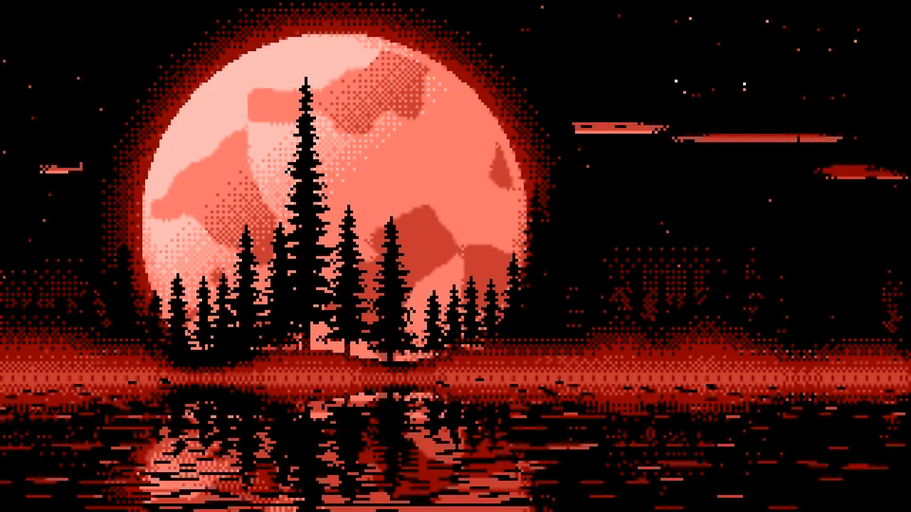 Coral Pixel Art Pine Trees and Full Moon desktop wallpaper in 4K