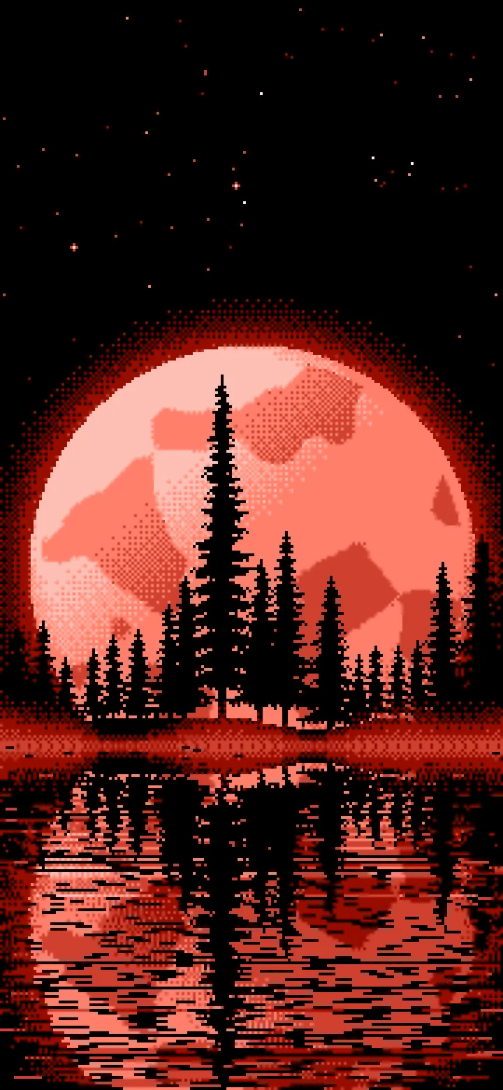 Coral Pixel Art Pine Trees and Full Moon wallpaper for iPhone and Android