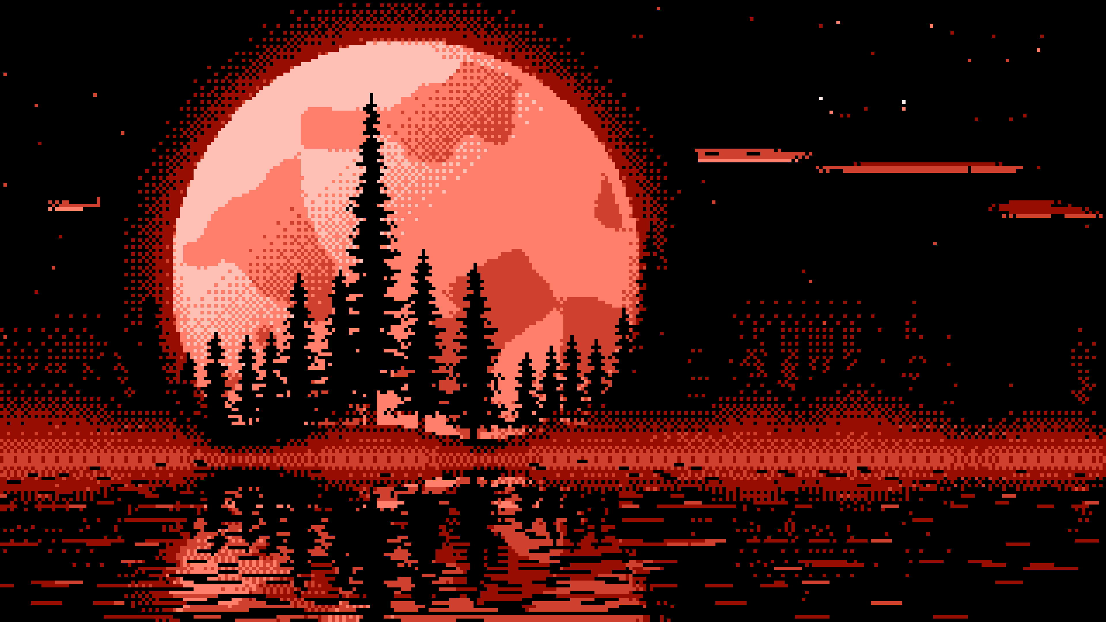 Coral Pixel Art Pine Trees and Full Moon desktop wallpaper in 4K