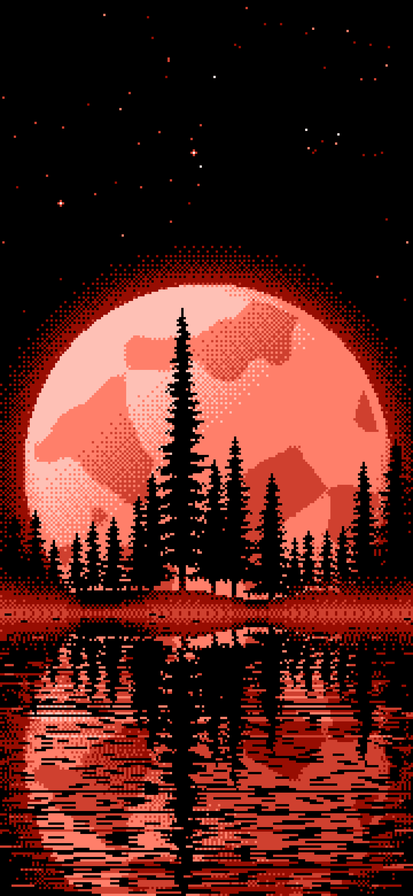 Coral Pixel Art Pine Trees and Full Moon wallpaper for iPhone and Android