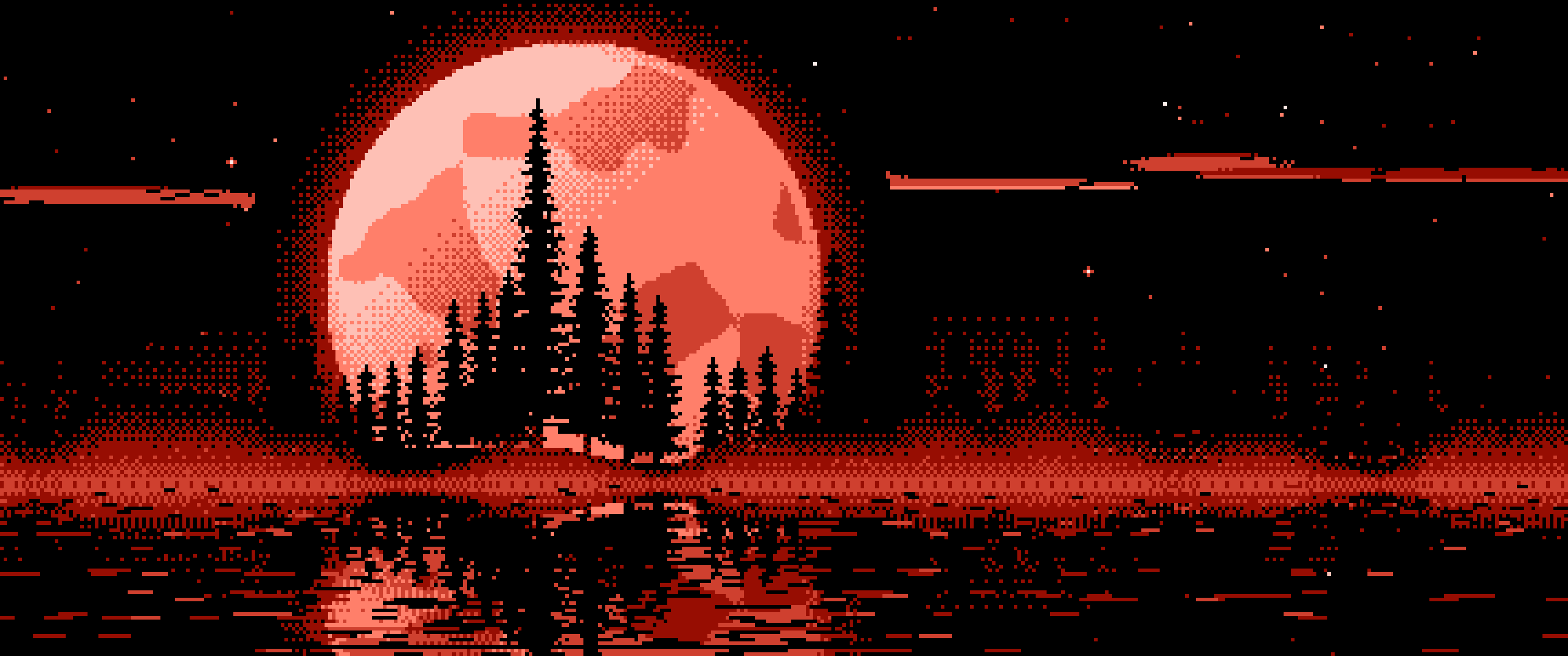 Coral Pixel Art Pine Trees and Full Moon ultrawide wallpaper, 3440 × 1440
