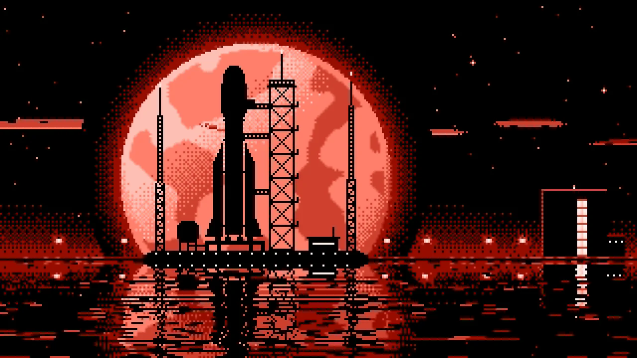 Coral Pixel Art Rocket and Full Moon desktop wallpaper in 4K