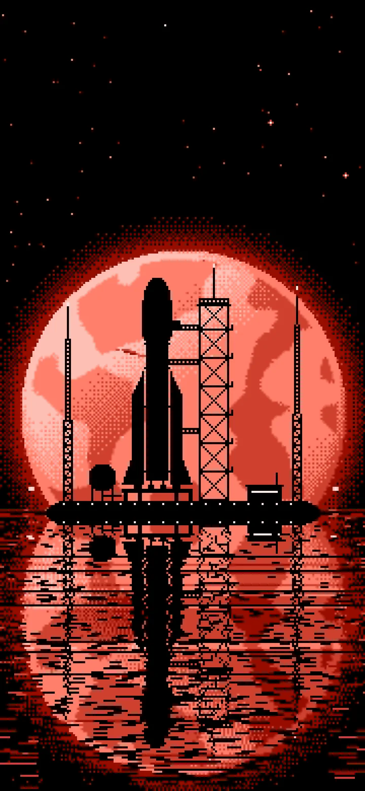 Coral Pixel Art Rocket and Full Moon wallpaper for iPhone and Android