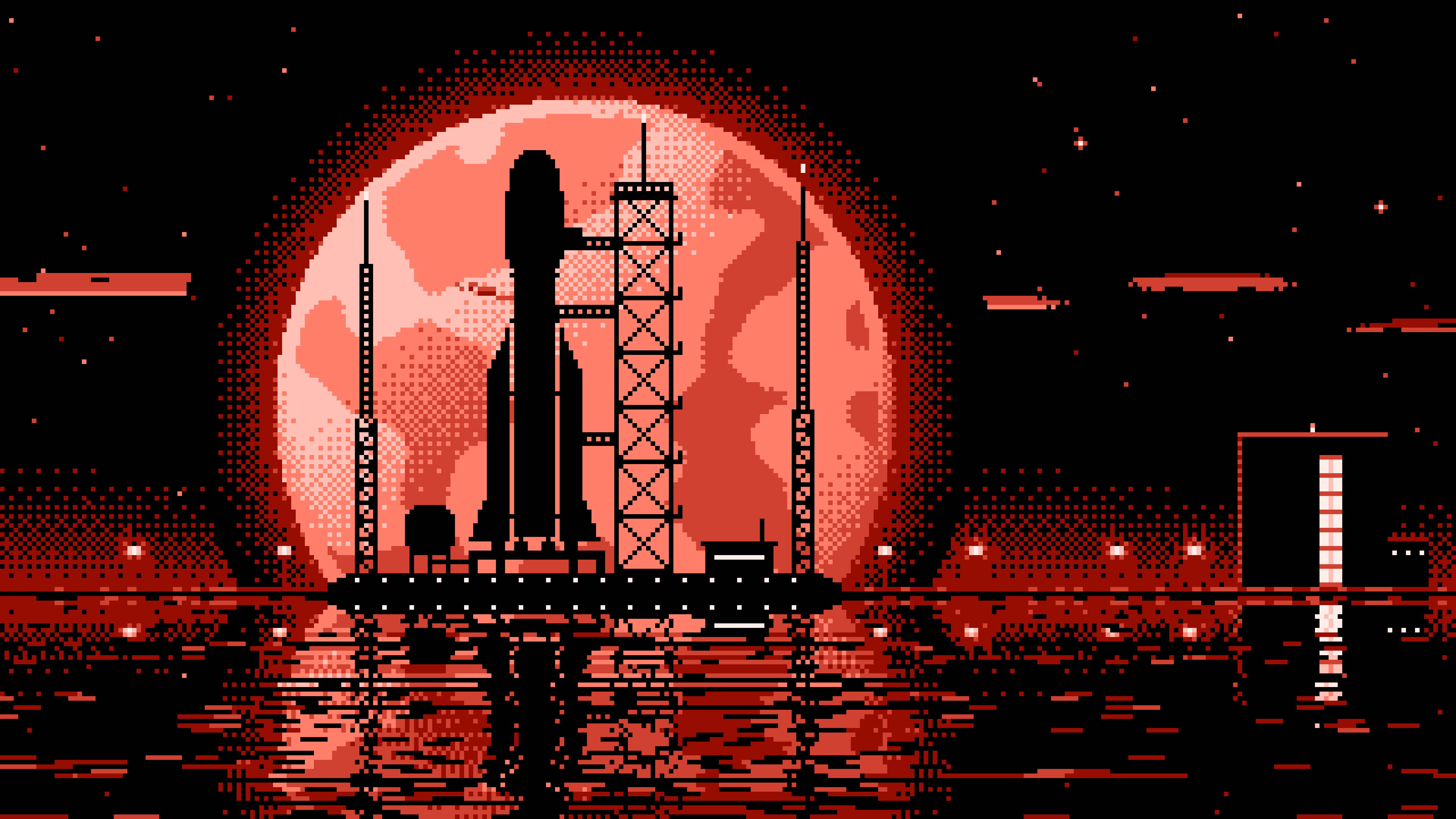 Coral Pixel Art Rocket and Full Moon desktop wallpaper in 4K