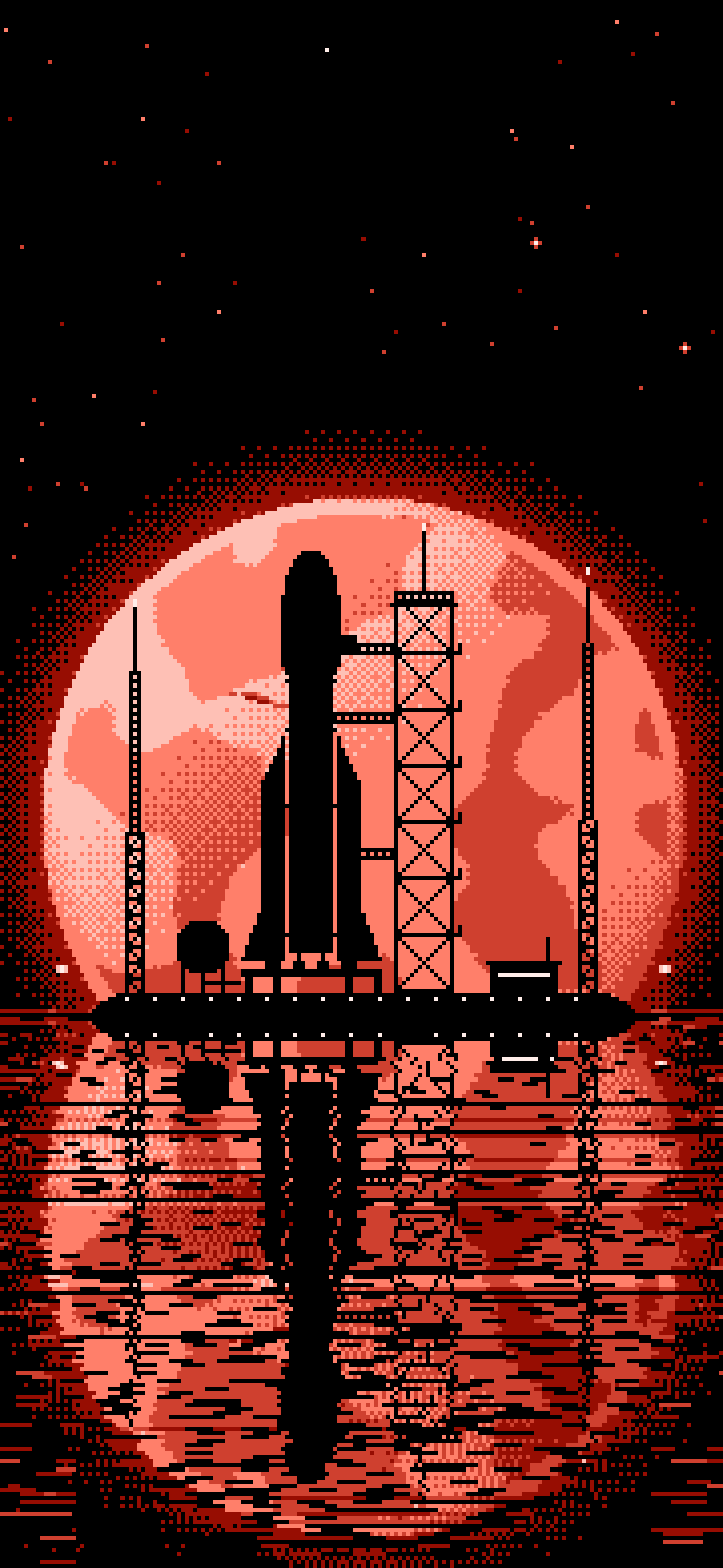 Coral Pixel Art Rocket and Full Moon wallpaper for iPhone and Android