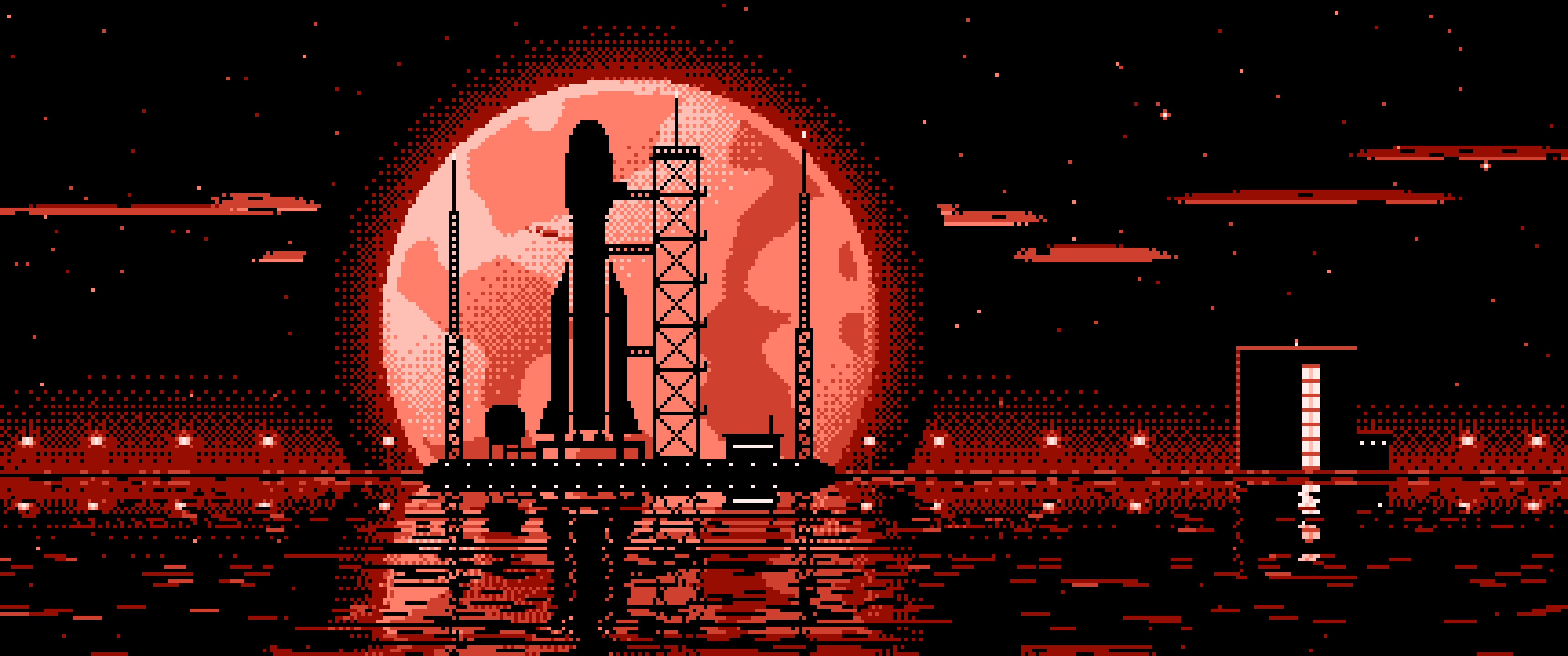 Coral Pixel Art Rocket and Full Moon ultrawide wallpaper, 3440 × 1440