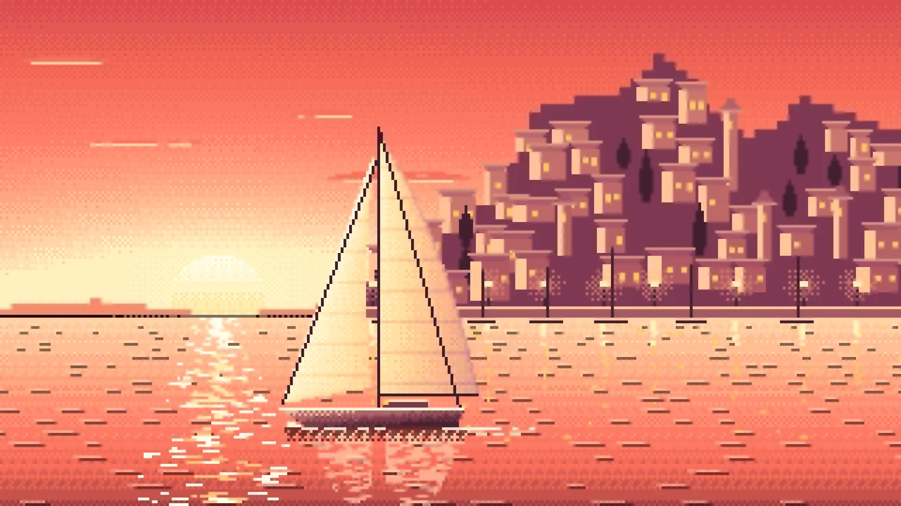 Coral Pixel Art Sailboat at Sunset by a Harbor Town desktop wallpaper in 4K