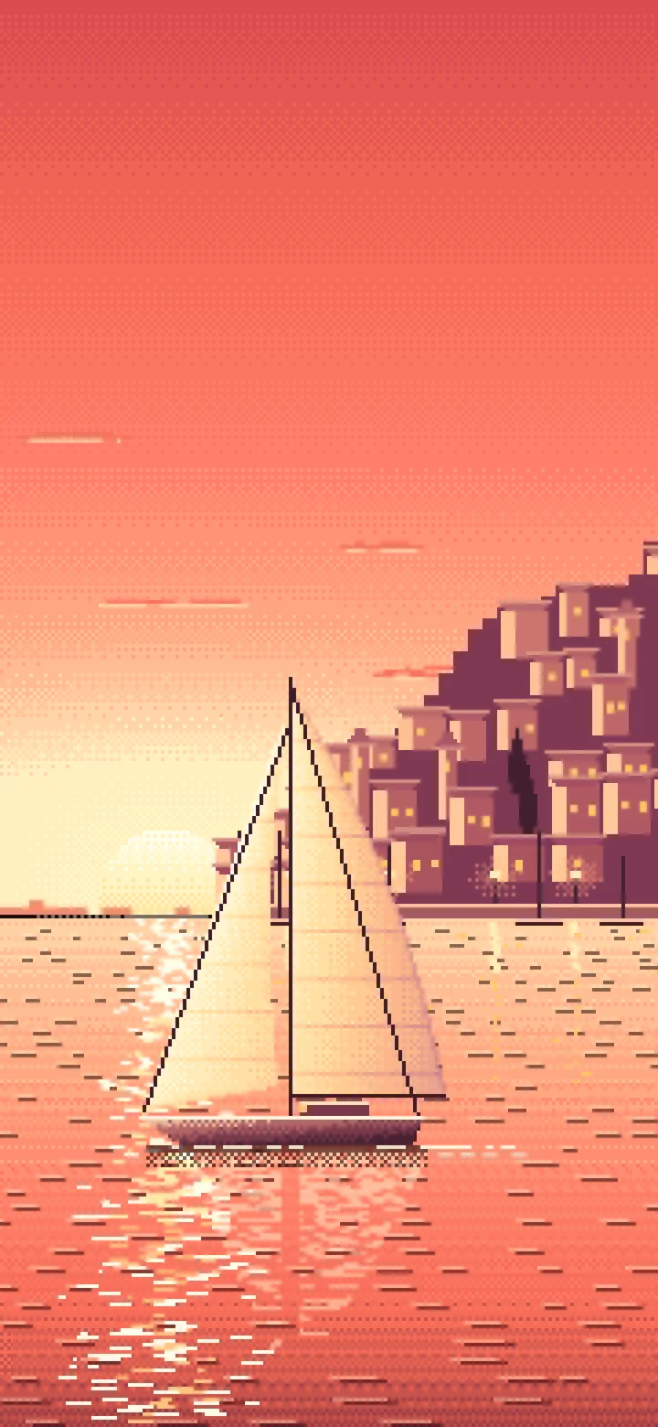 Coral Pixel Art Sailboat at Sunset by a Harbor Town wallpaper for iPhone and Android