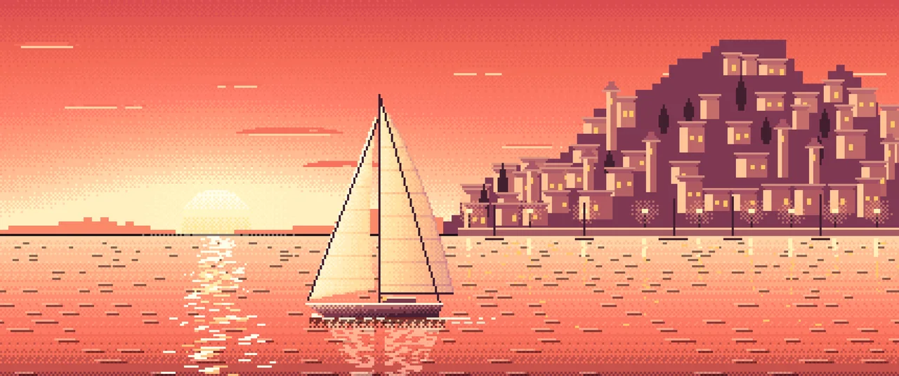 Coral Pixel Art Sailboat at Sunset by a Harbor Town ultrawide wallpaper, 3440 × 1440