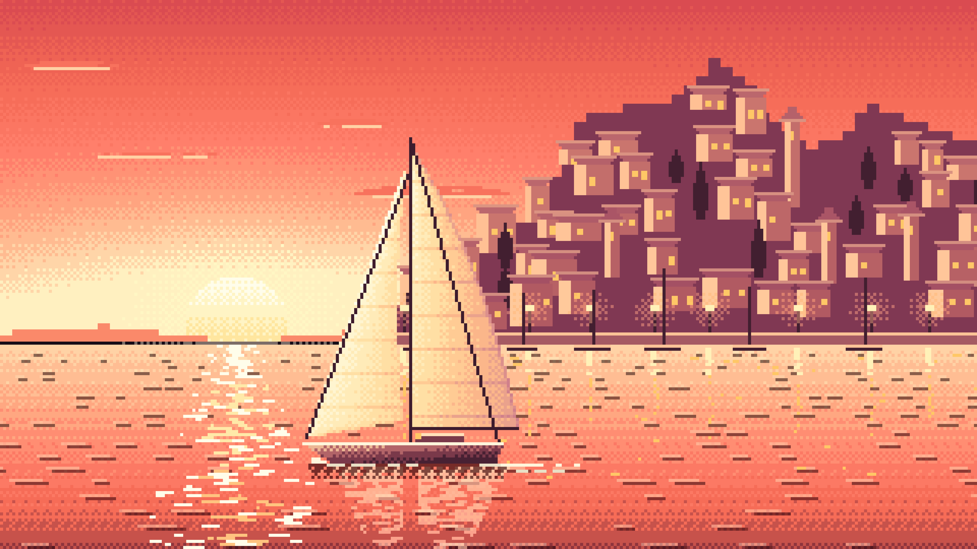Coral Pixel Art Sailboat at Sunset by a Harbor Town desktop wallpaper in 4K