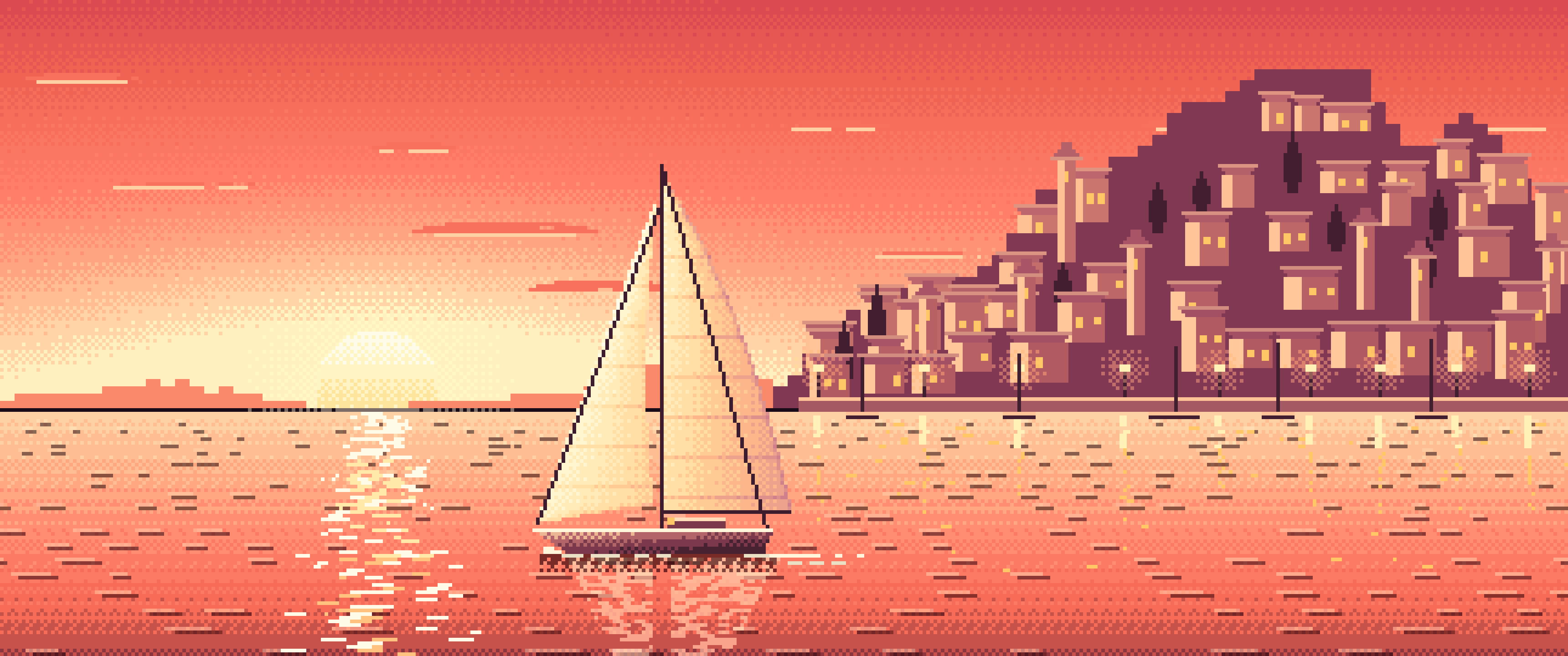 Coral Pixel Art Sailboat at Sunset by a Harbor Town ultrawide wallpaper, 3440 × 1440