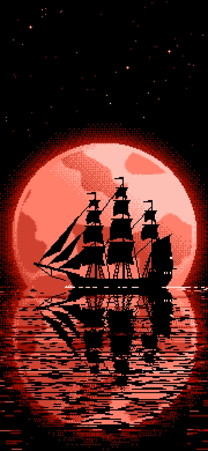 Coral Pixel Art Sailing Ship and Full Moon wallpaper for iPhone and Android