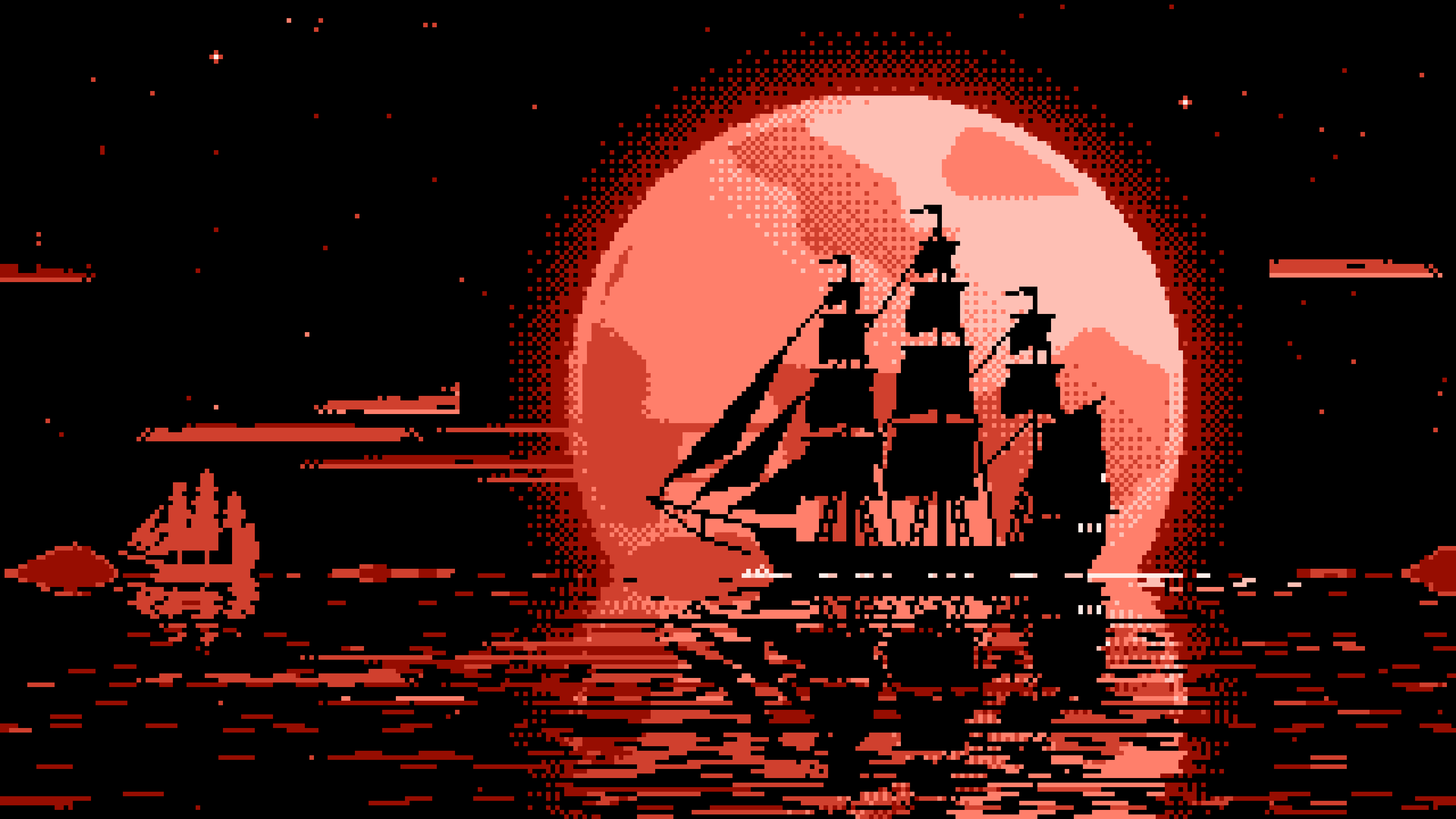 Coral Pixel Art Sailing Ship and Full Moon desktop wallpaper in 4K