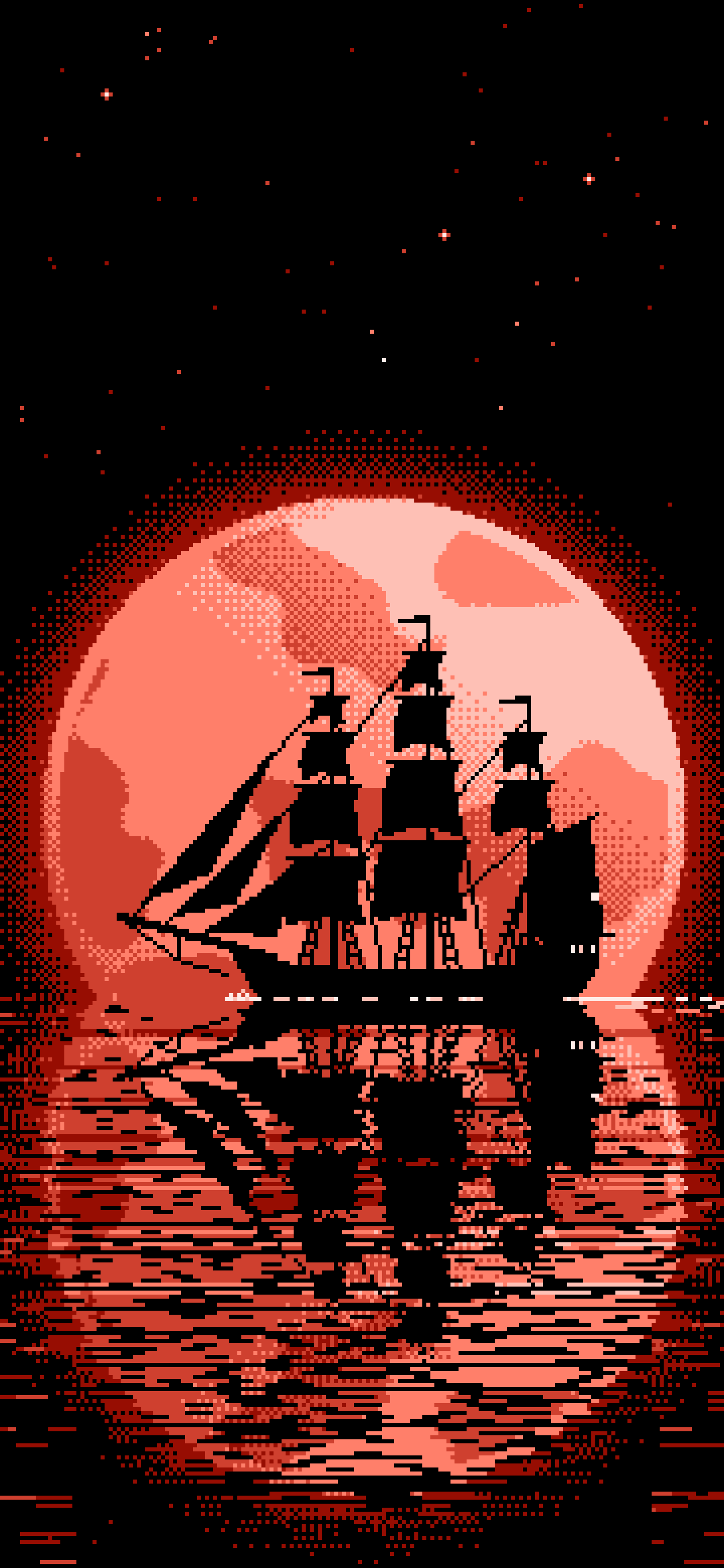 Coral Pixel Art Sailing Ship and Full Moon wallpaper for iPhone and Android