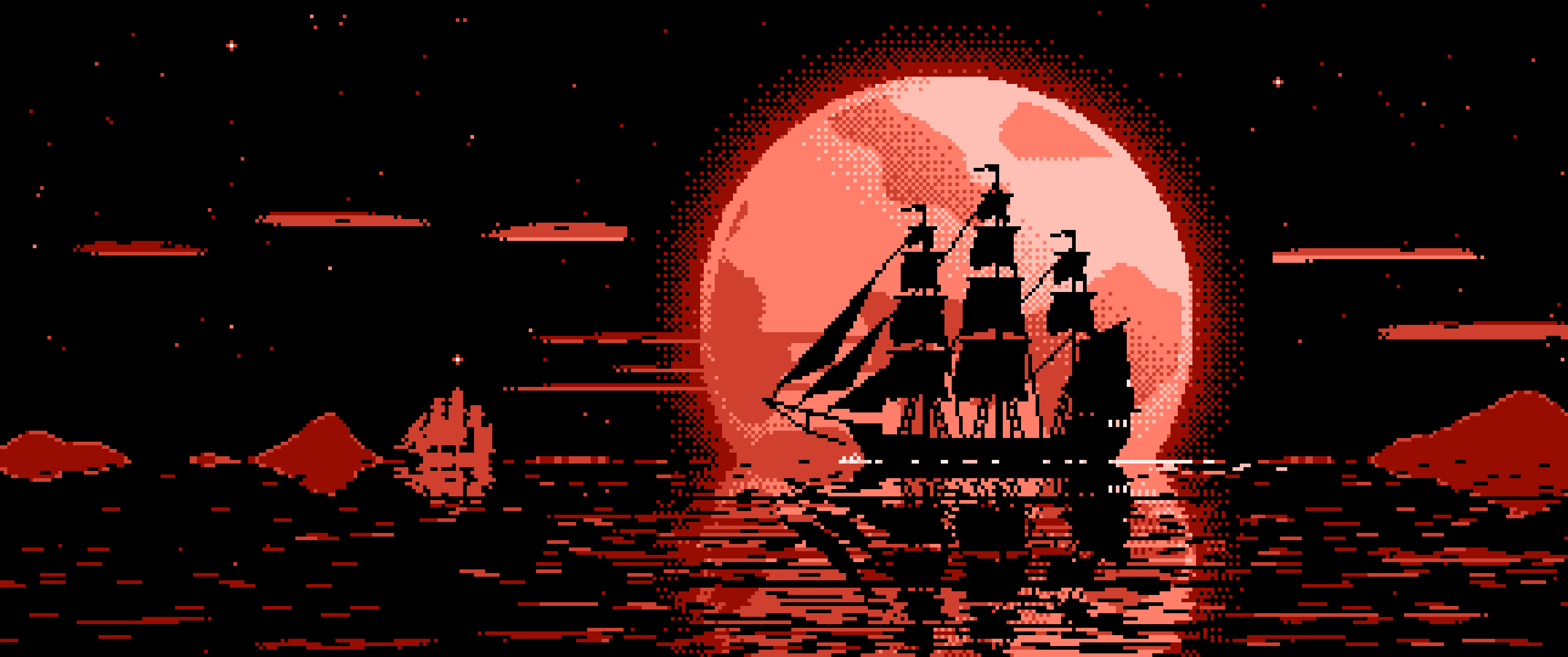 Coral Pixel Art Sailing Ship and Full Moon ultrawide wallpaper, 3440 × 1440