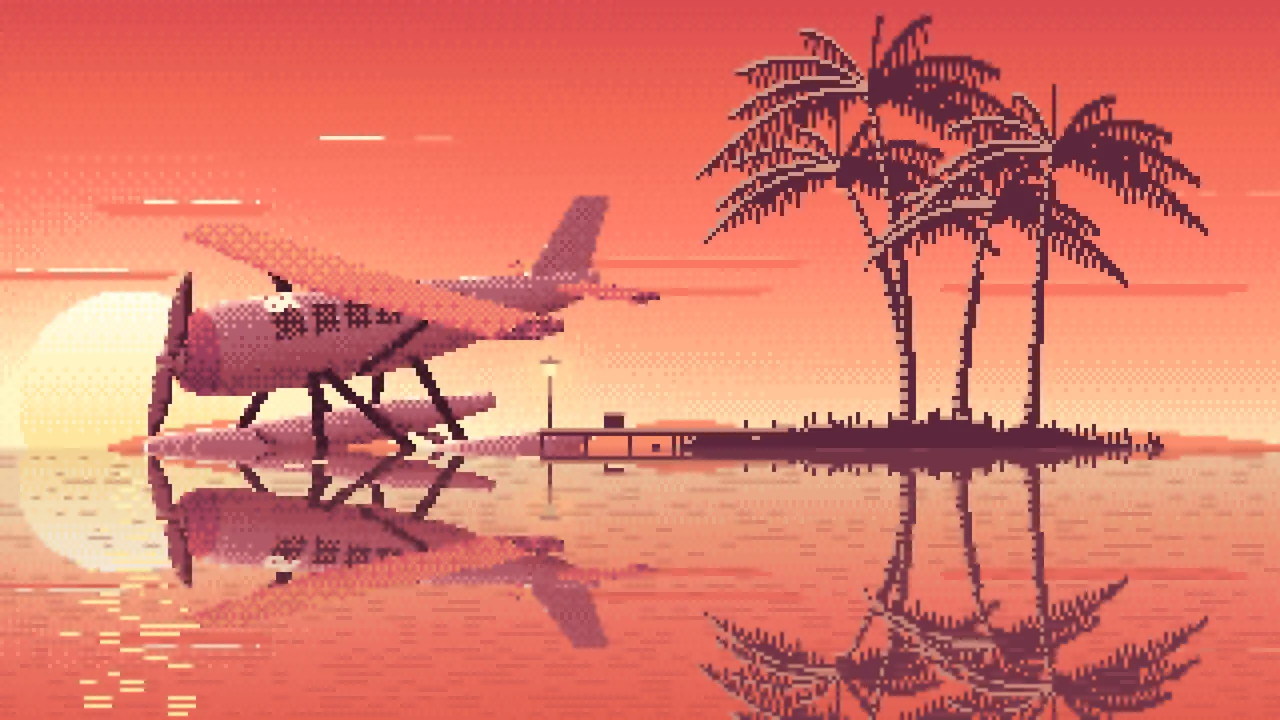 Coral Pixel Art Seaplane at a Tropical Dock desktop wallpaper in 4K
