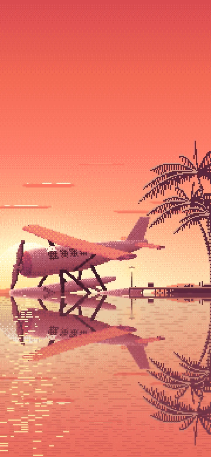 Coral Pixel Art Seaplane at a Tropical Dock wallpaper for iPhone and Android