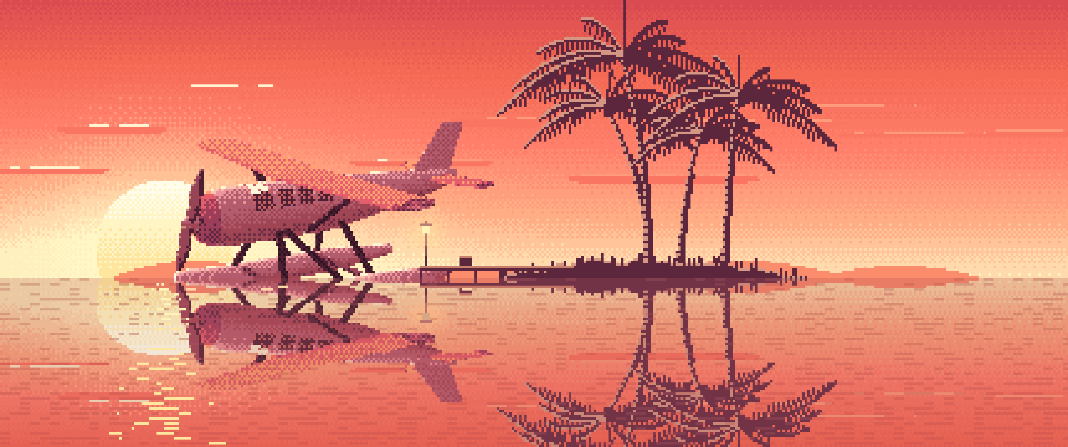 Coral Pixel Art Seaplane at a Tropical Dock ultrawide wallpaper, 3440 × 1440