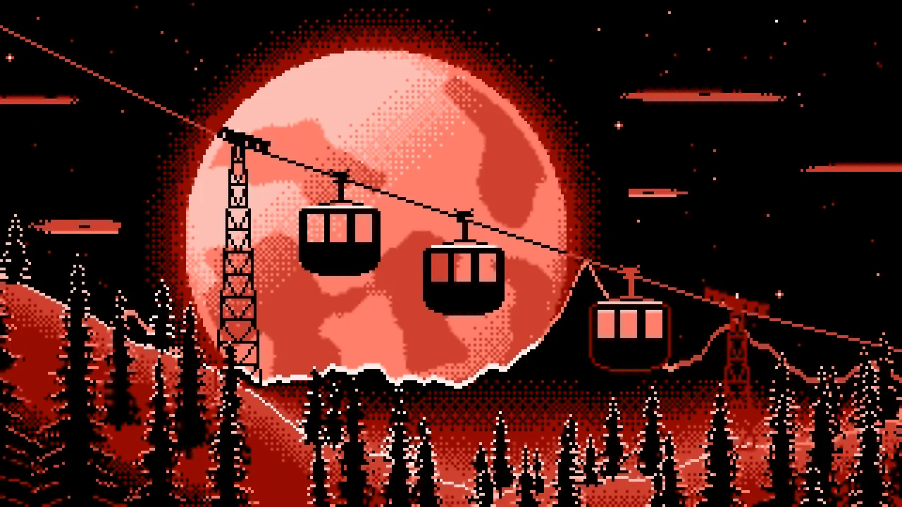 Coral Pixel Art Ski Gondola and Full Moon desktop wallpaper in 4K