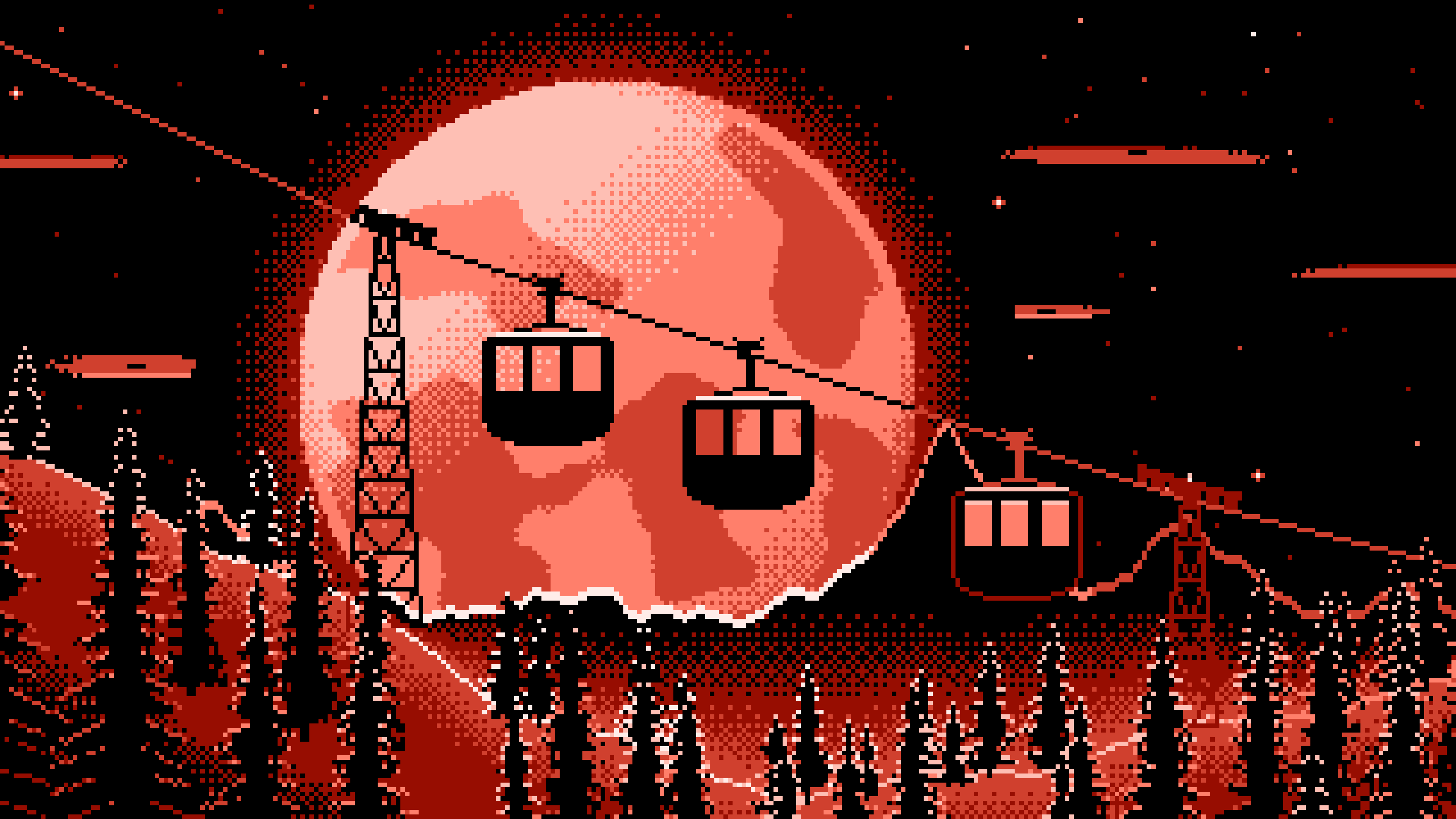 Coral Pixel Art Ski Gondola and Full Moon desktop wallpaper in 4K