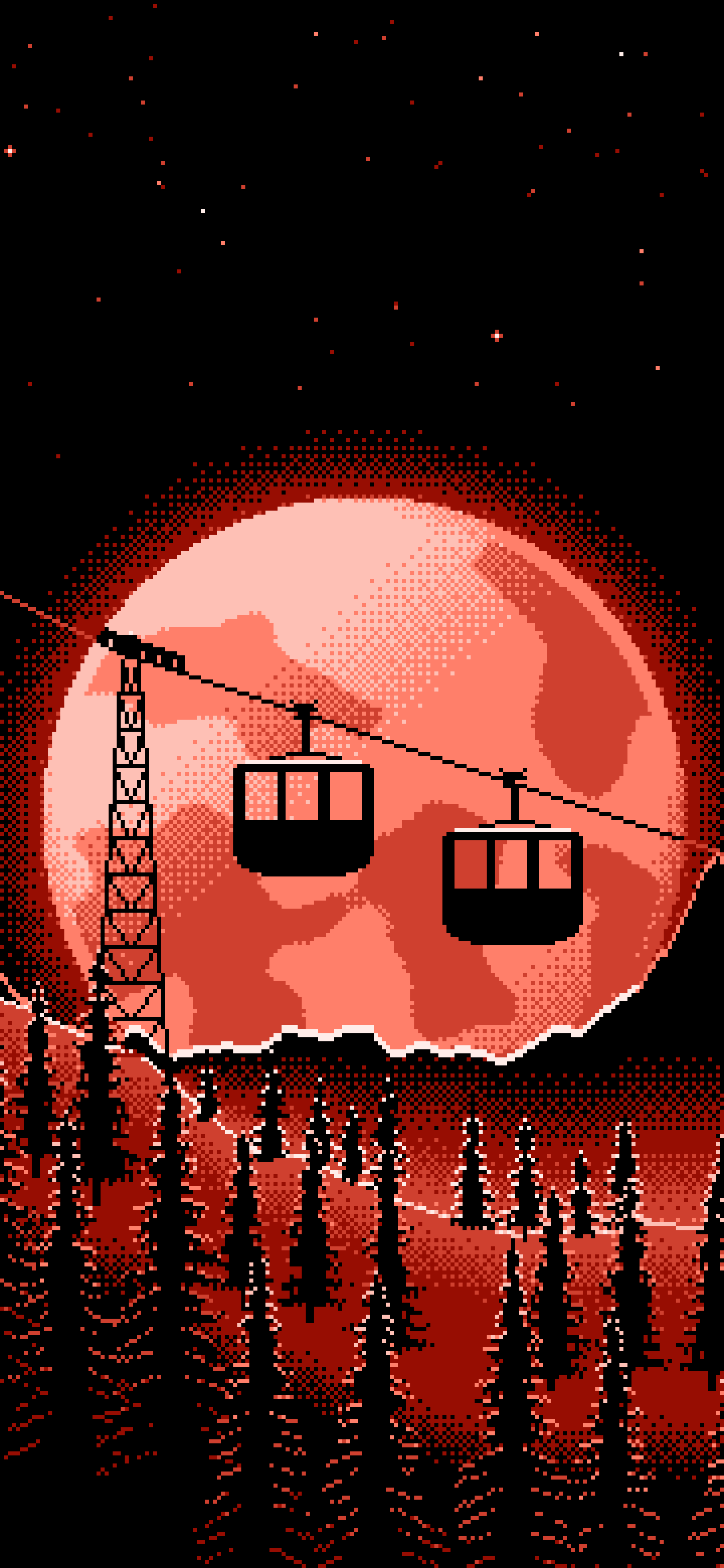 Coral Pixel Art Ski Gondola and Full Moon wallpaper for iPhone and Android