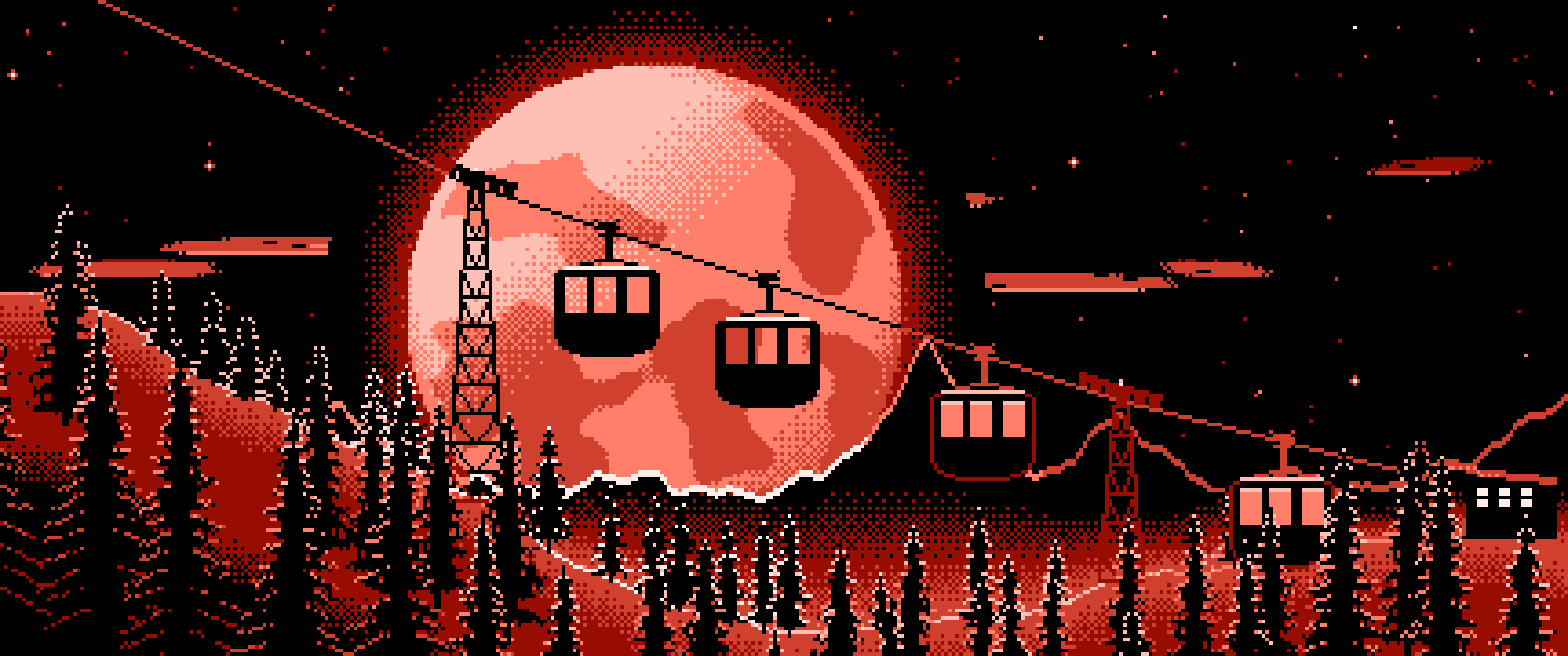 Coral Pixel Art Ski Gondola and Full Moon ultrawide wallpaper, 3440 × 1440