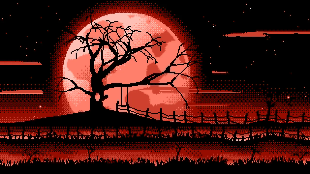Coral Pixel Art Spooky Tree and Full Moon desktop wallpaper in 4K