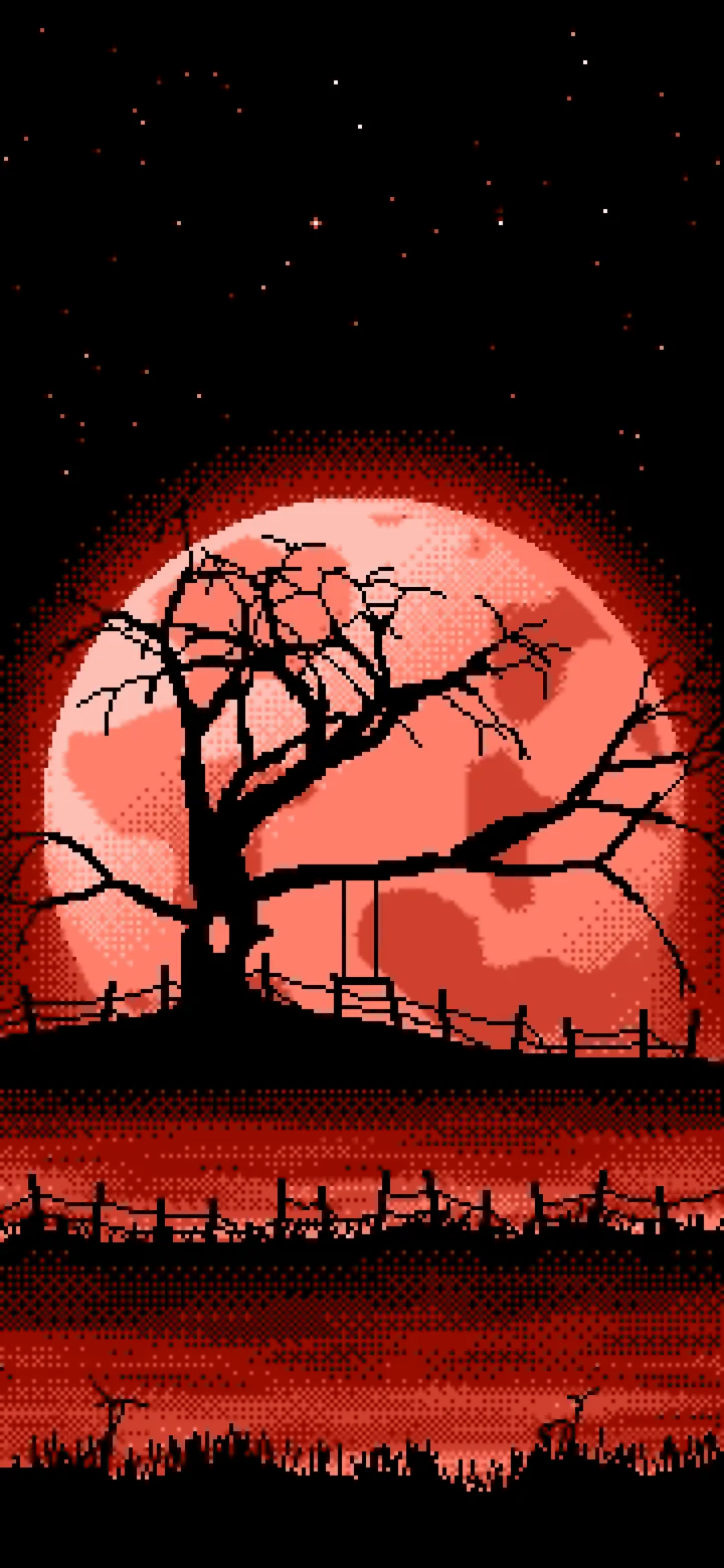 Coral Pixel Art Spooky Tree and Full Moon wallpaper for iPhone and Android