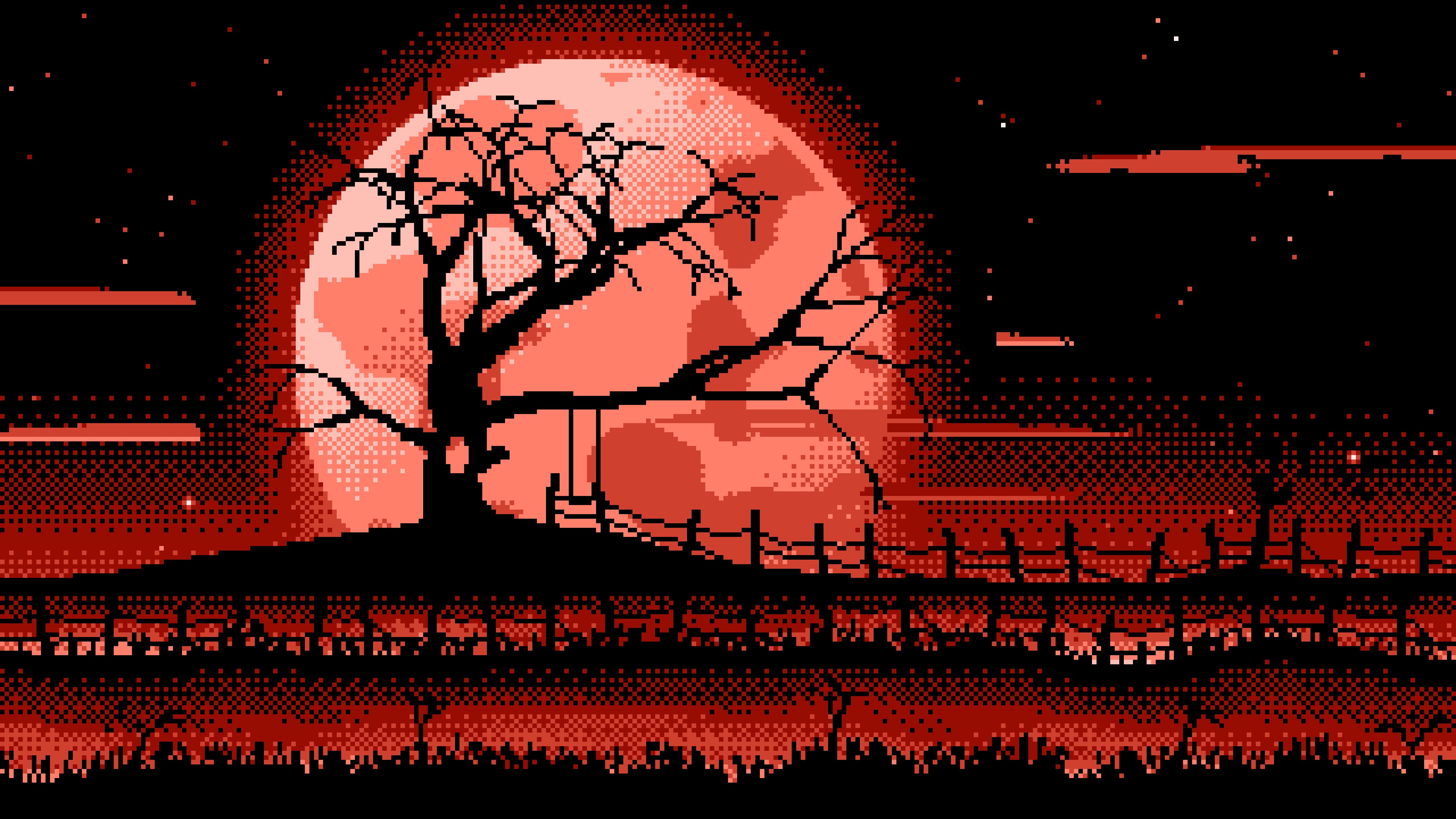 Coral Pixel Art Spooky Tree and Full Moon desktop wallpaper in 4K