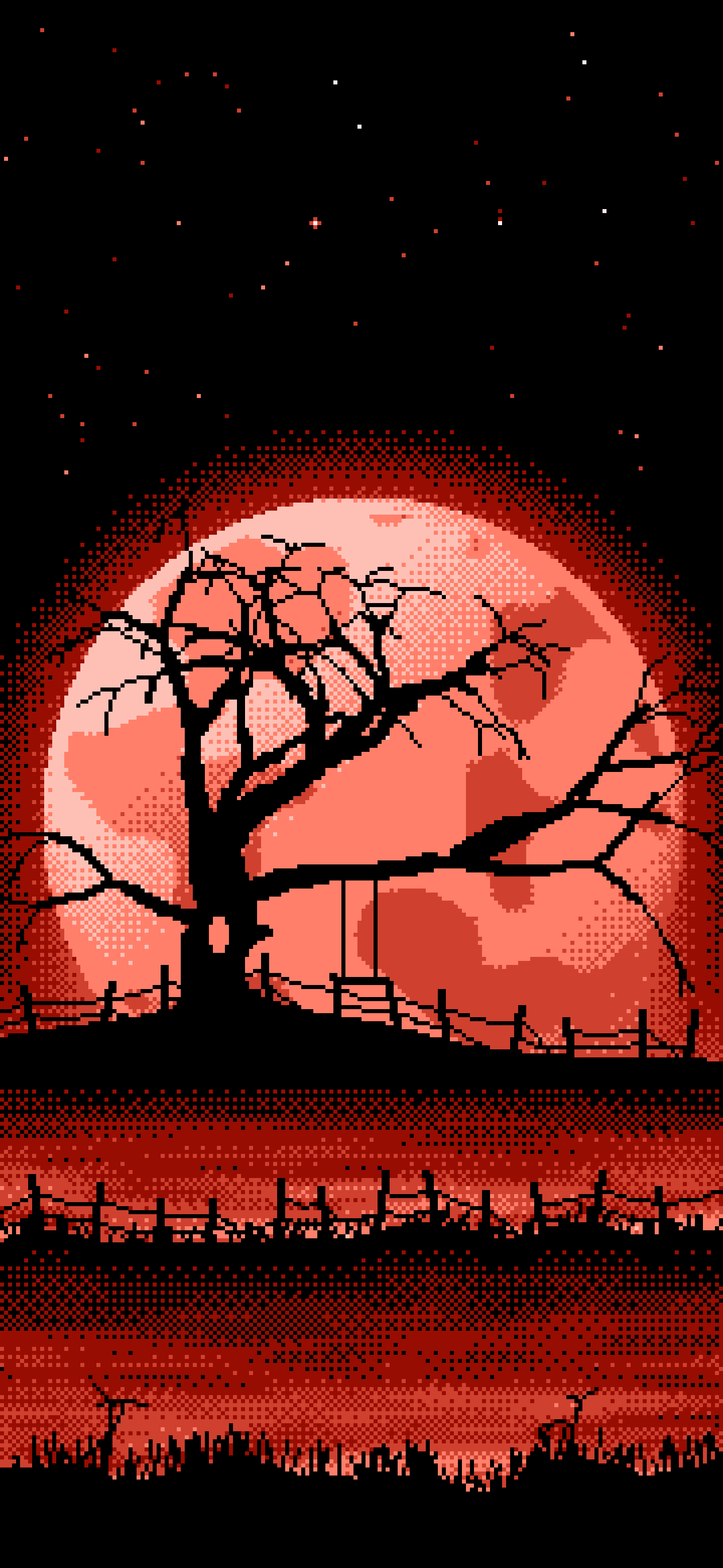 Coral Pixel Art Spooky Tree and Full Moon wallpaper for iPhone and Android